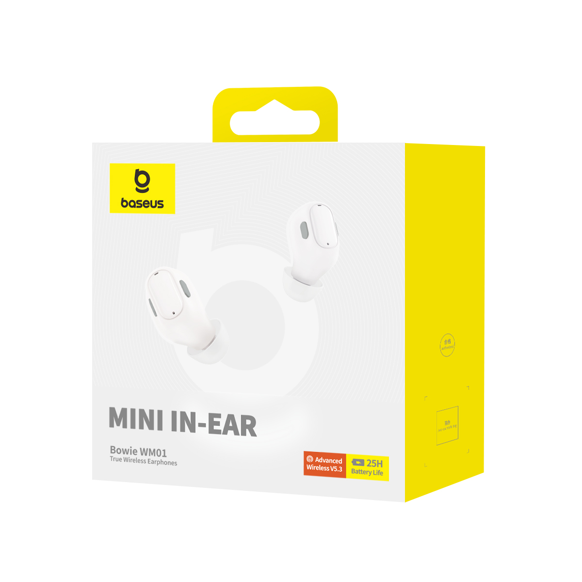 Scatola Baseus bianca e gialla con immagine di auricolari. La scatola dice 'Mini In-Ear'.