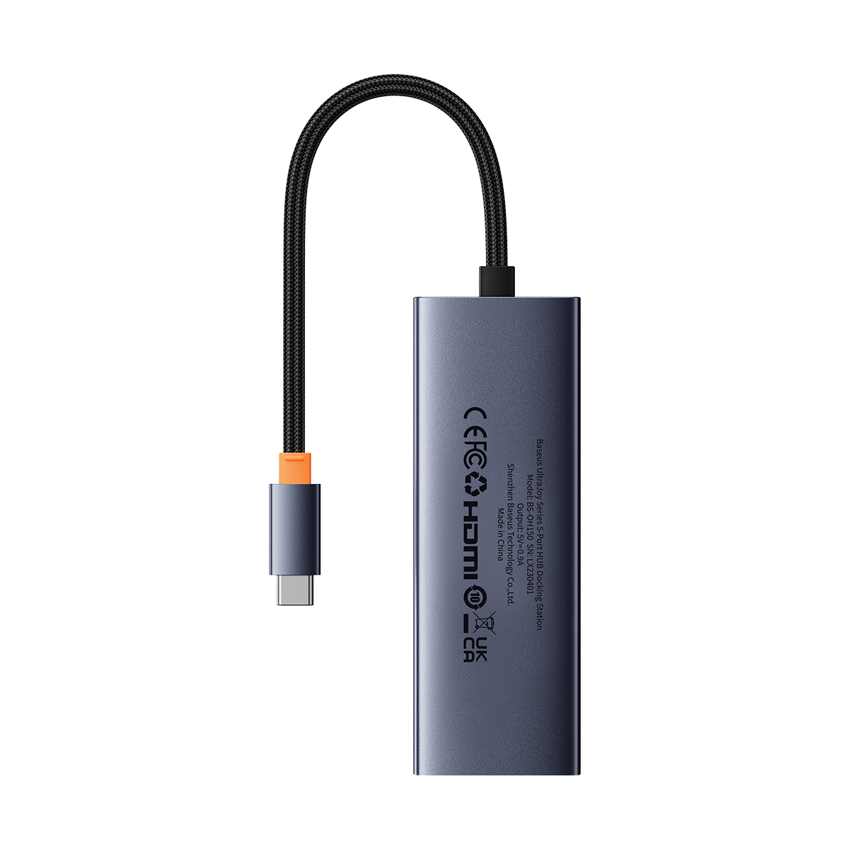 Grijze USB-C hub met een zwarte kabel en een zilveren connector. Het apparaat heeft een HDMI-poort.