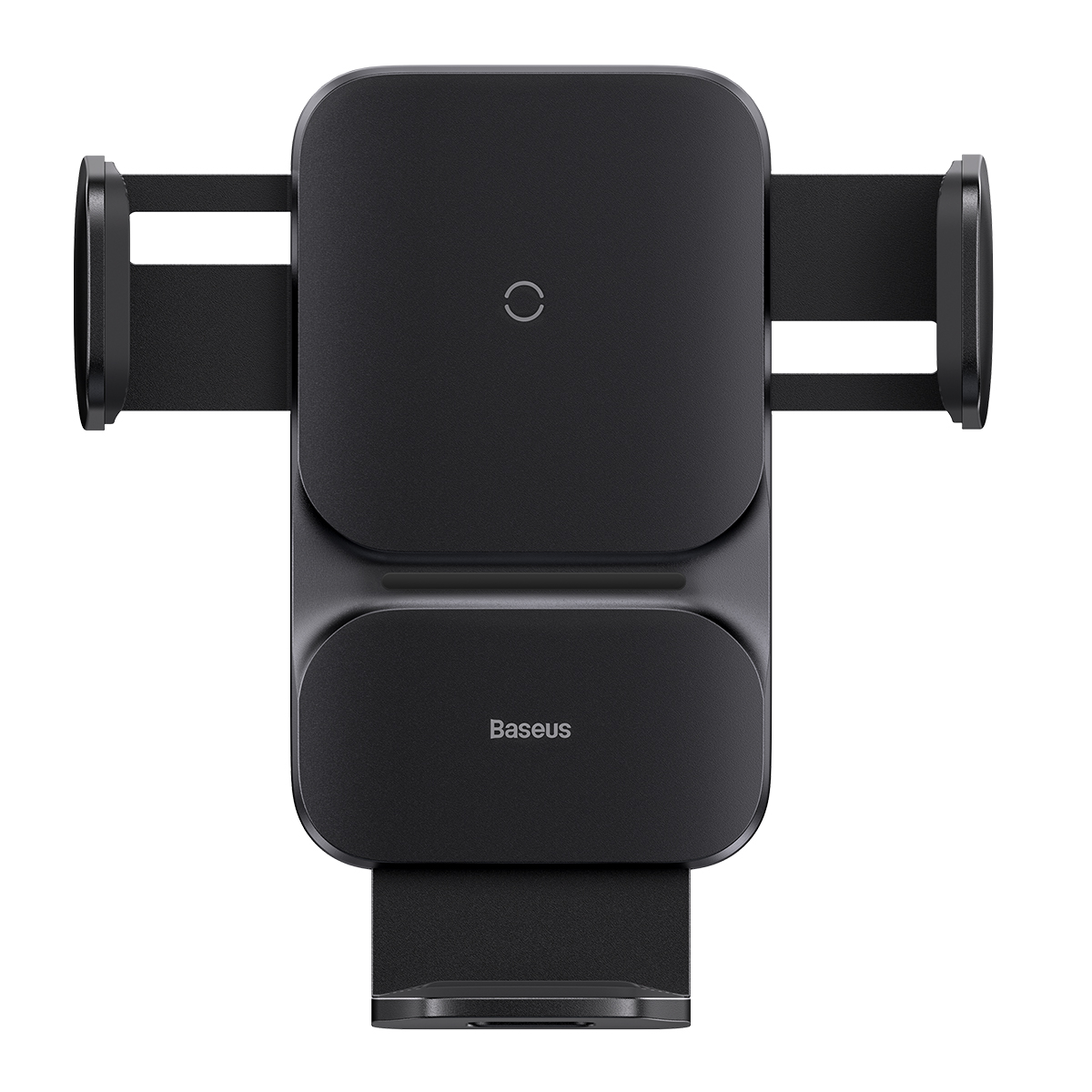 Black car phone holder with a Baseus logo, isolated on a white background.