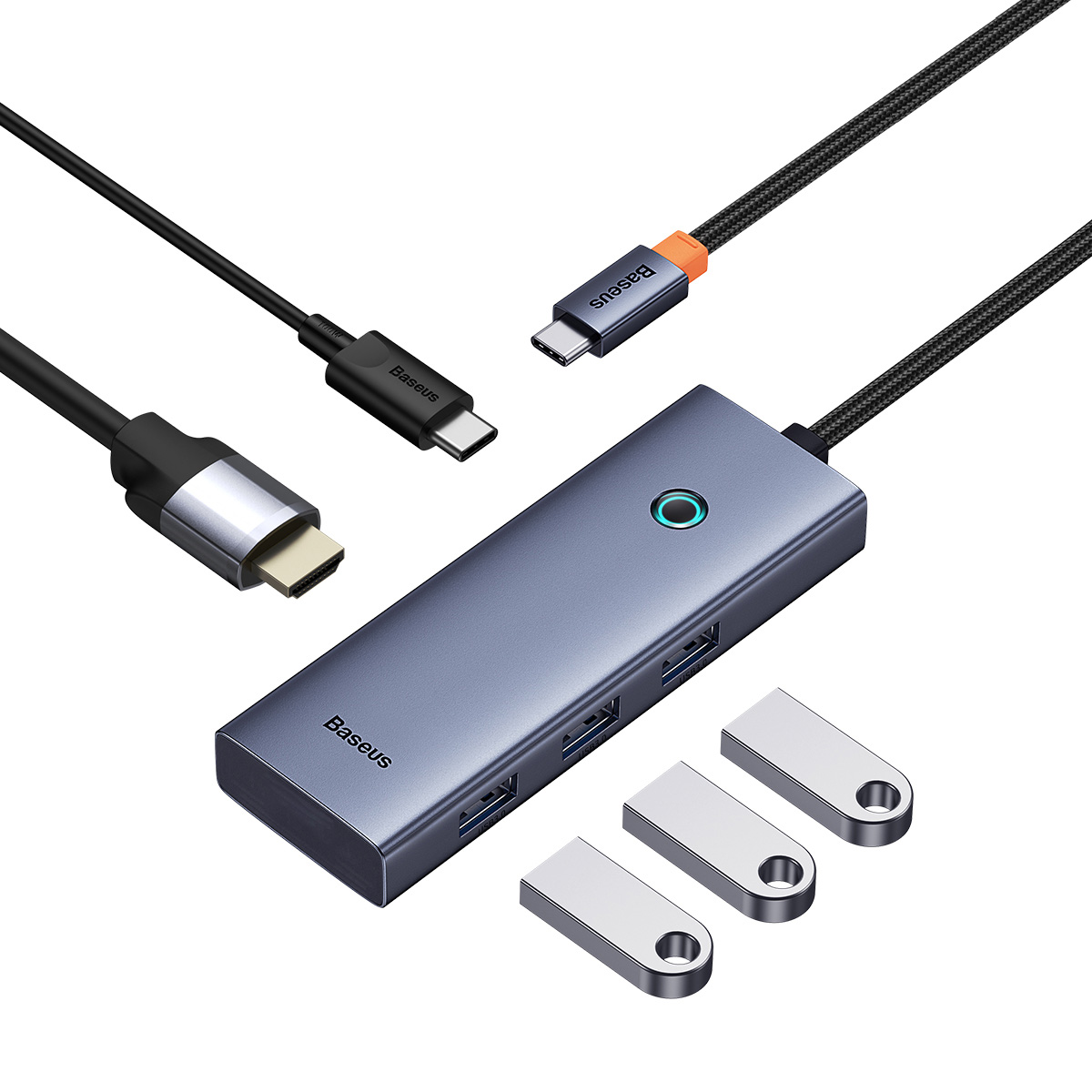 Grijze Baseus hub, USB-drives en kabels. Er zijn USB-C kabels.