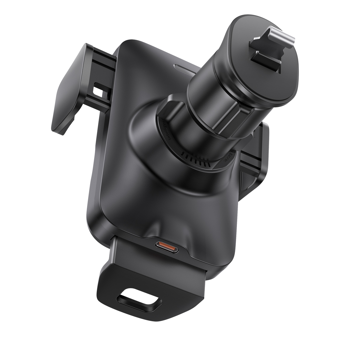 Black car phone holder with a USB-C port and a rotating, adjustable mount.