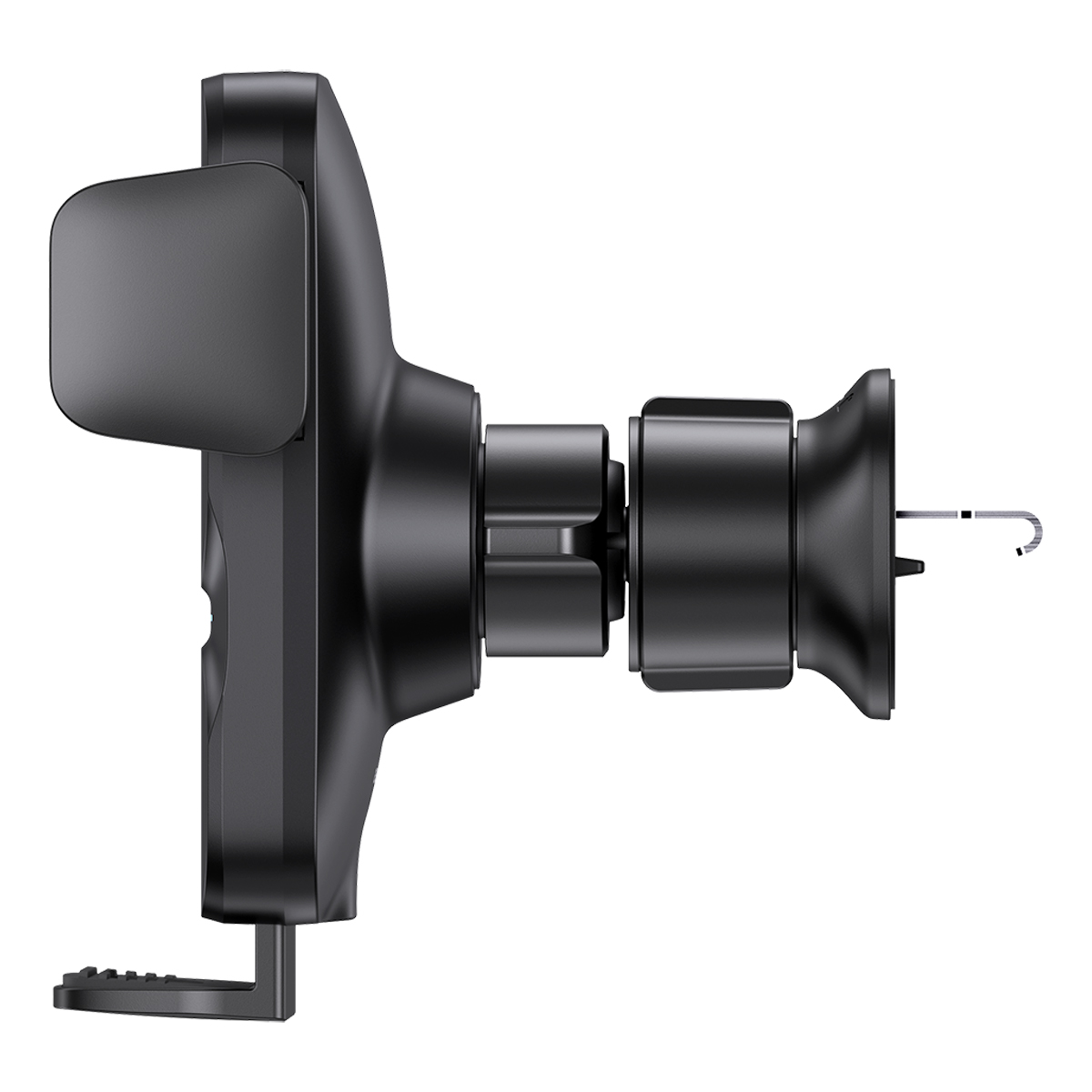Black car phone holder. Side view, with adjustable arm and phone grip.