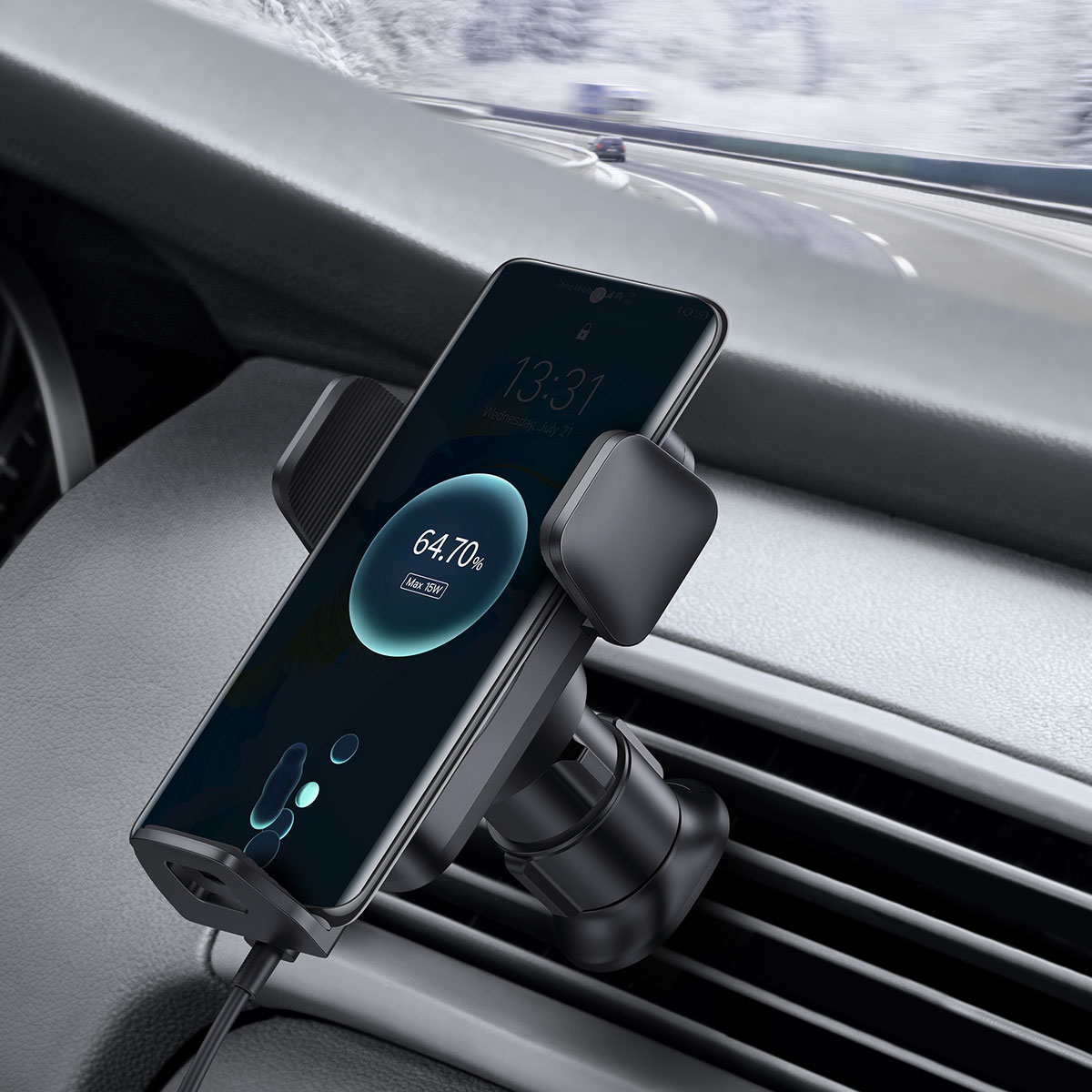 Phone in car mount displaying charging status and navigation.