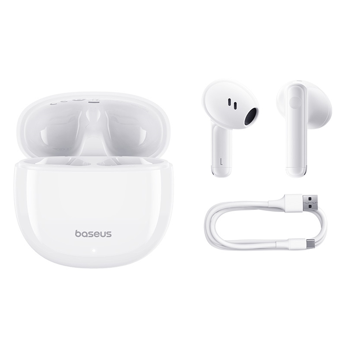 Set di auricolari wireless Baseus bianchi con custodia di ricarica e cavo USB.