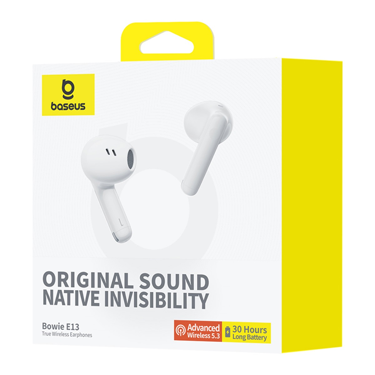 Auricolari Baseus bianchi in una scatola, con testo e un accento giallo.