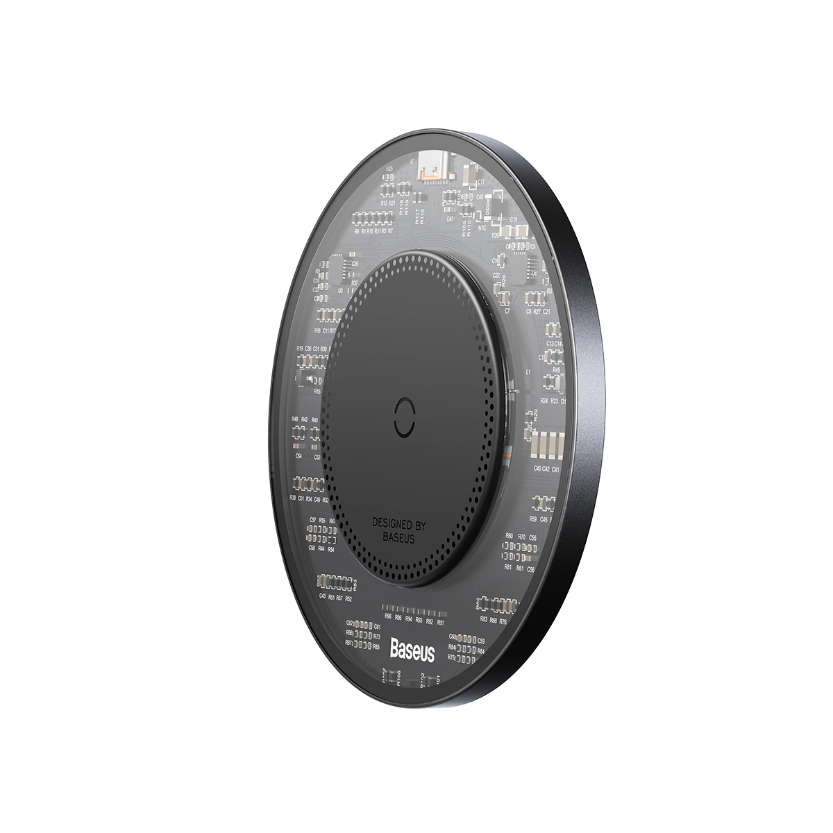 Czarna ładowarka bezprzewodowa. Ładowarka ma okrągły kształt i przezroczysty wierzch.