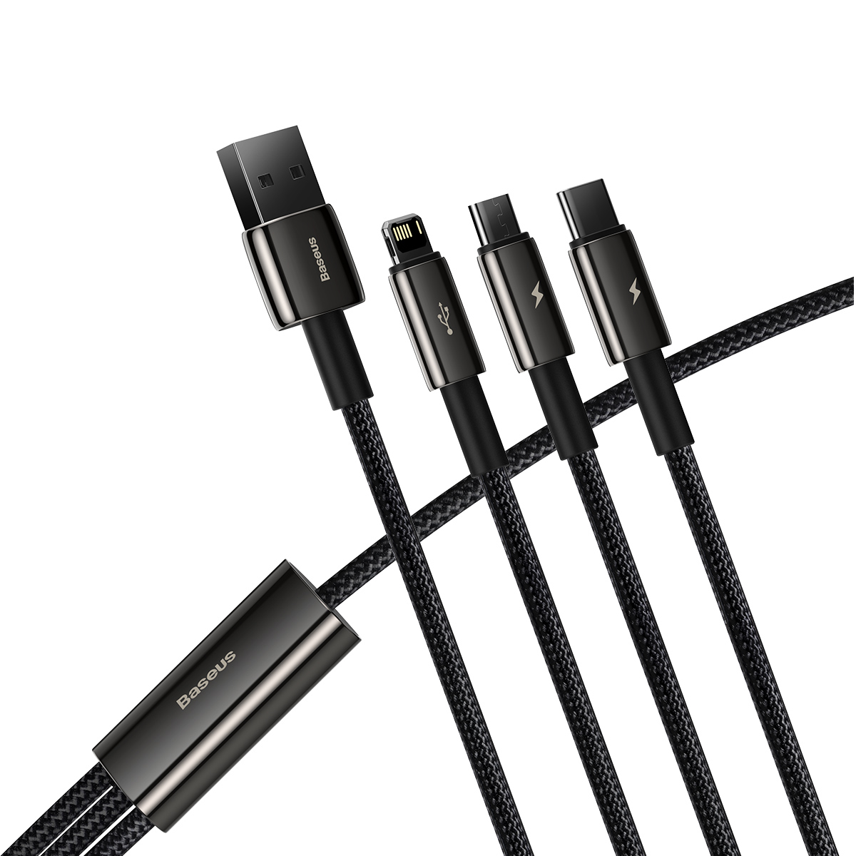 Czarny kabel wielofunkcyjny ze złączami USB, Lightning, micro-USB i USB-C. Widoczna marka Baseus.