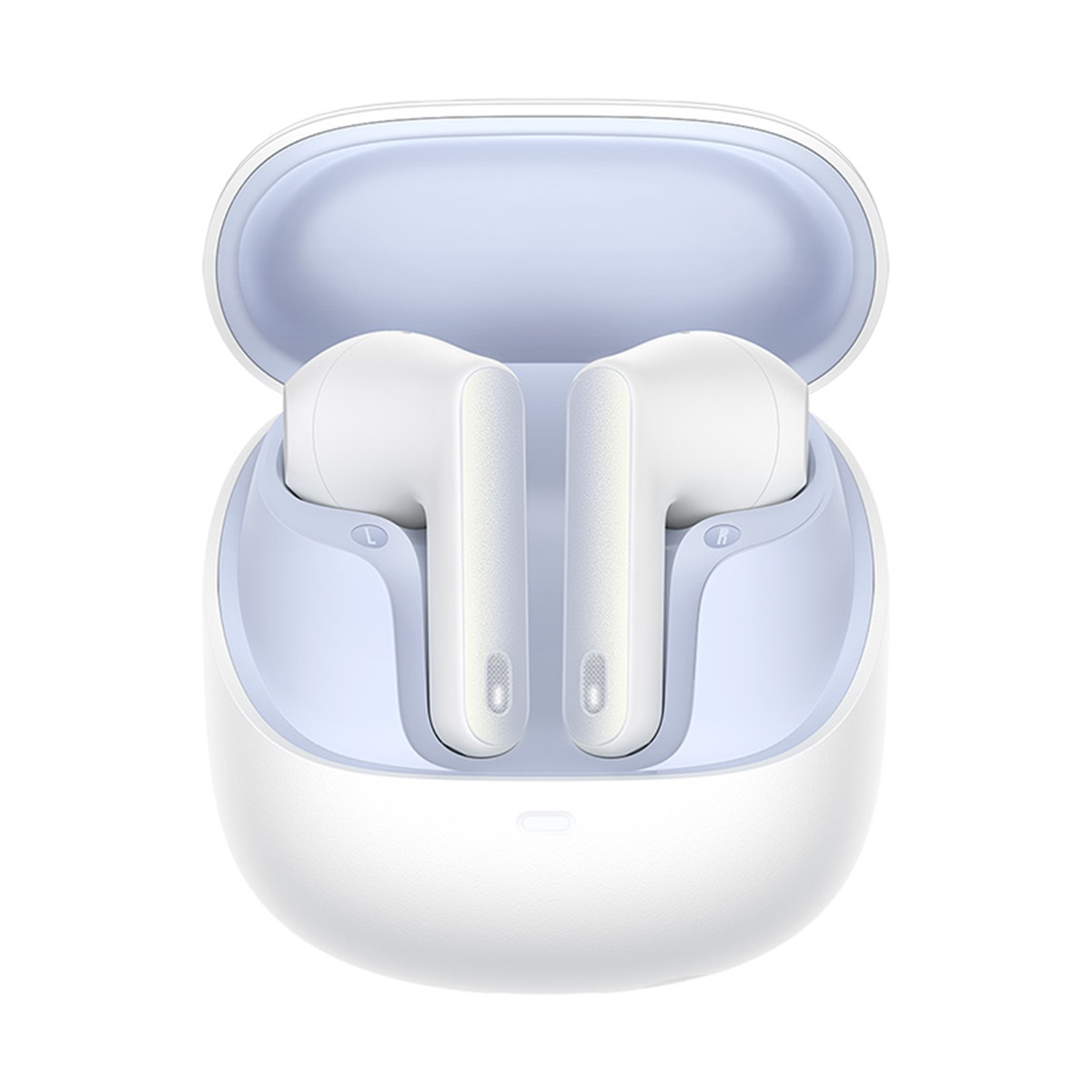 Białe słuchawki w otwartym etui, jasnoniebieskie wnętrze.