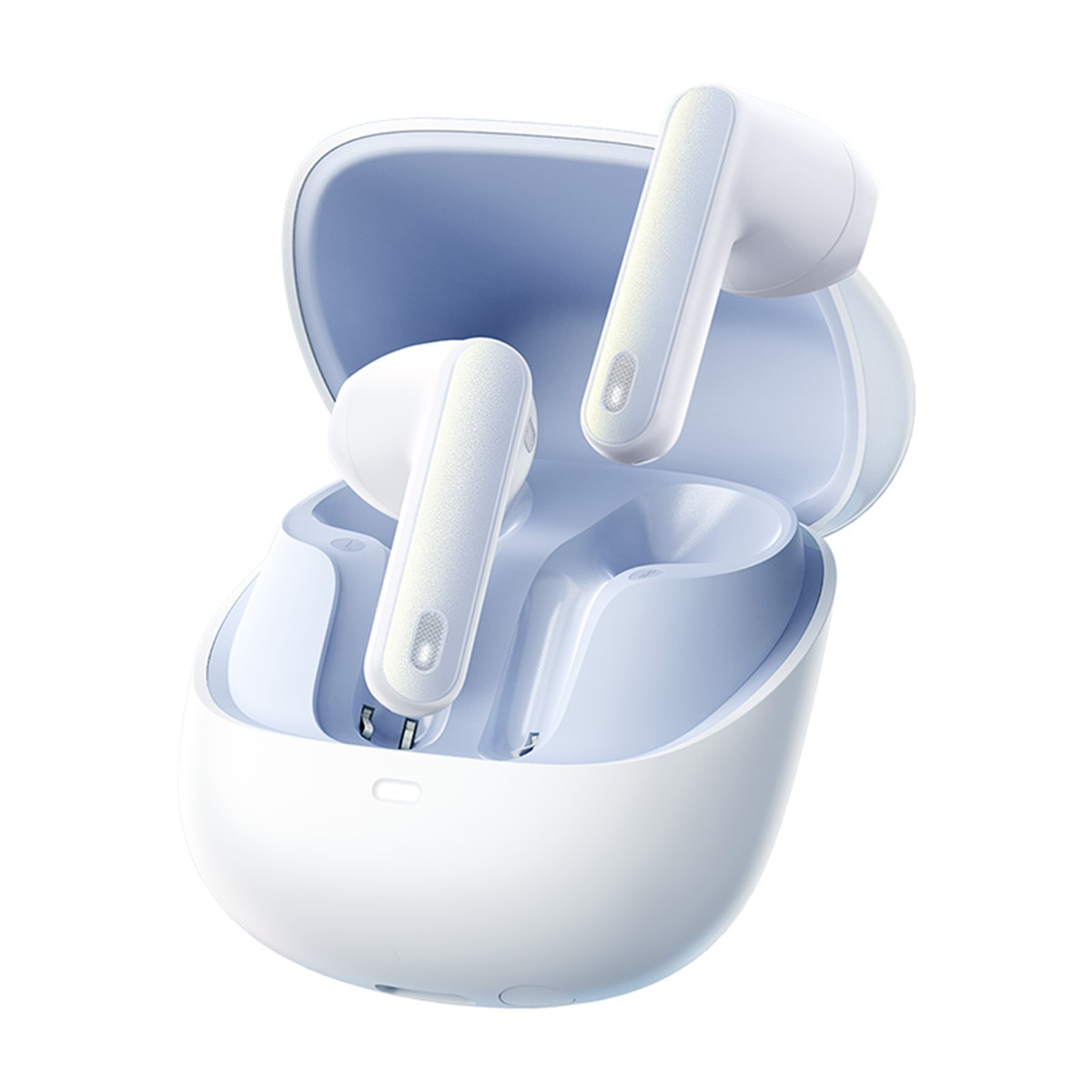 Białe słuchawki w etui ładującym. Niebieskie wnętrze. Izolowane na białym tle.