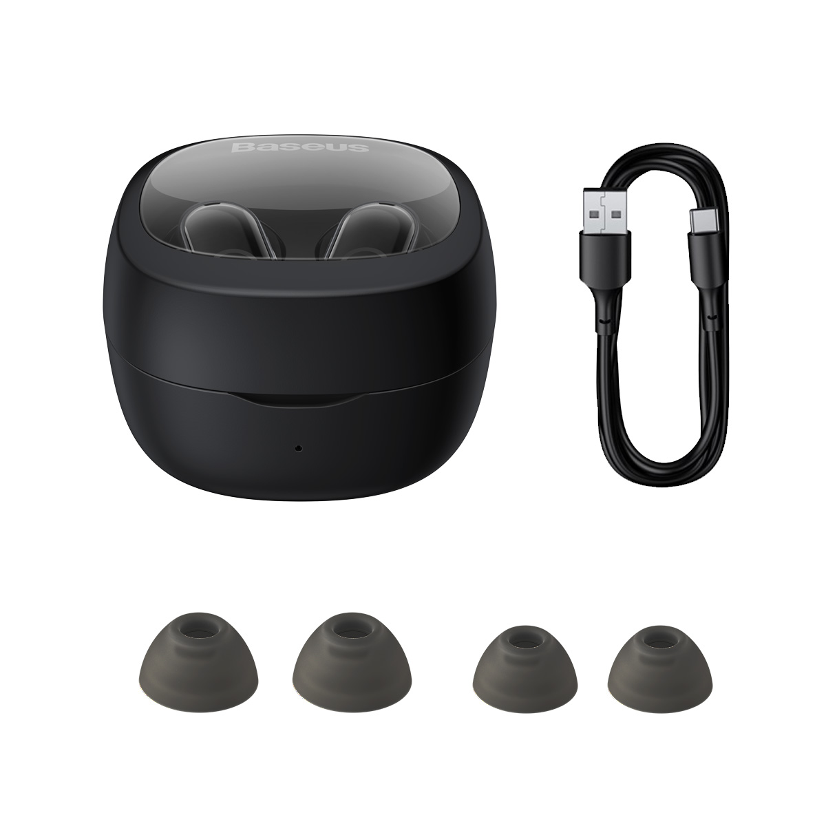 Czarne słuchawki, etui ładujące i kabel USB-C, z dodatkowymi wkładkami dousznymi.