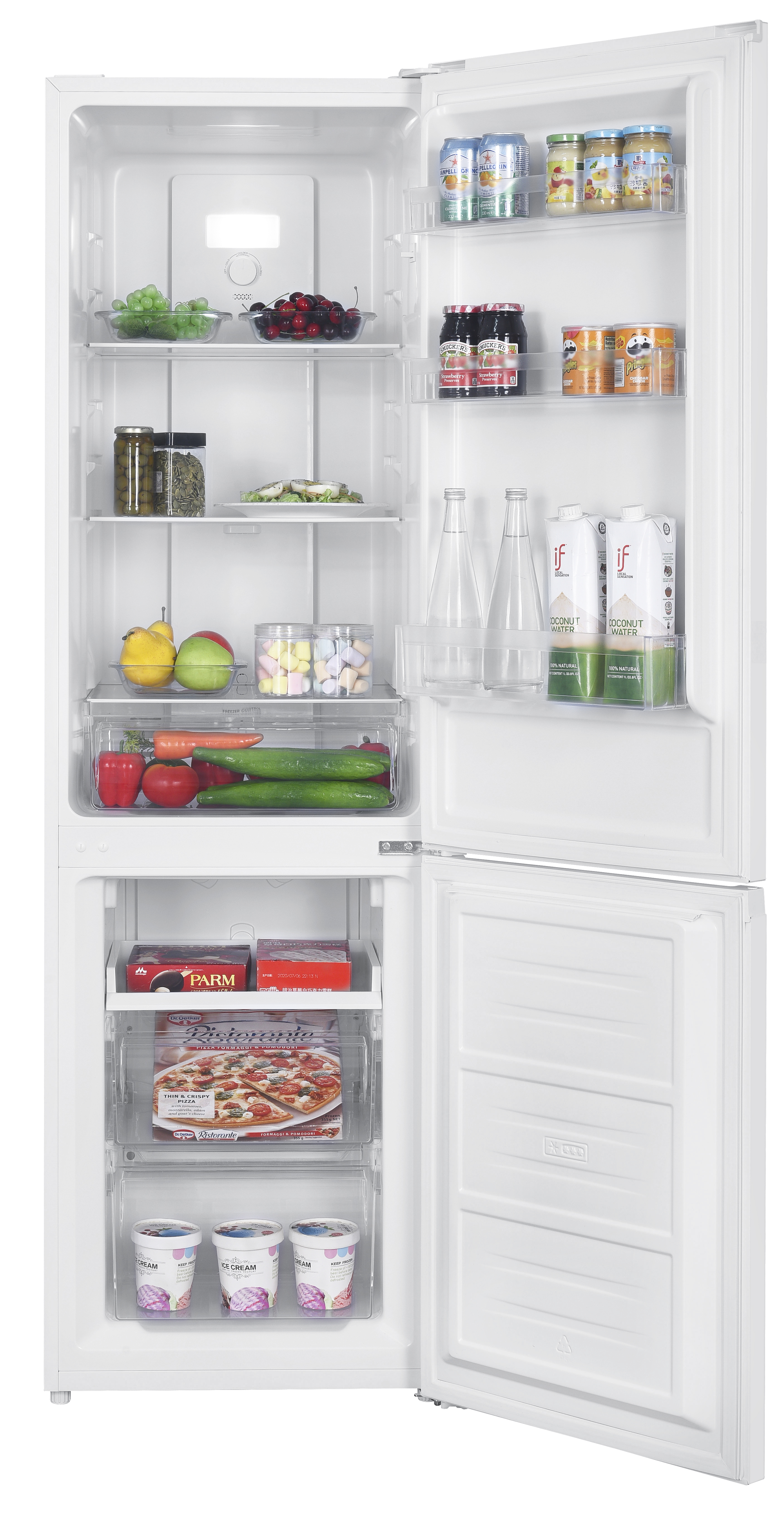 An open white refrigerator filled with food items on shelves and in drawers.
