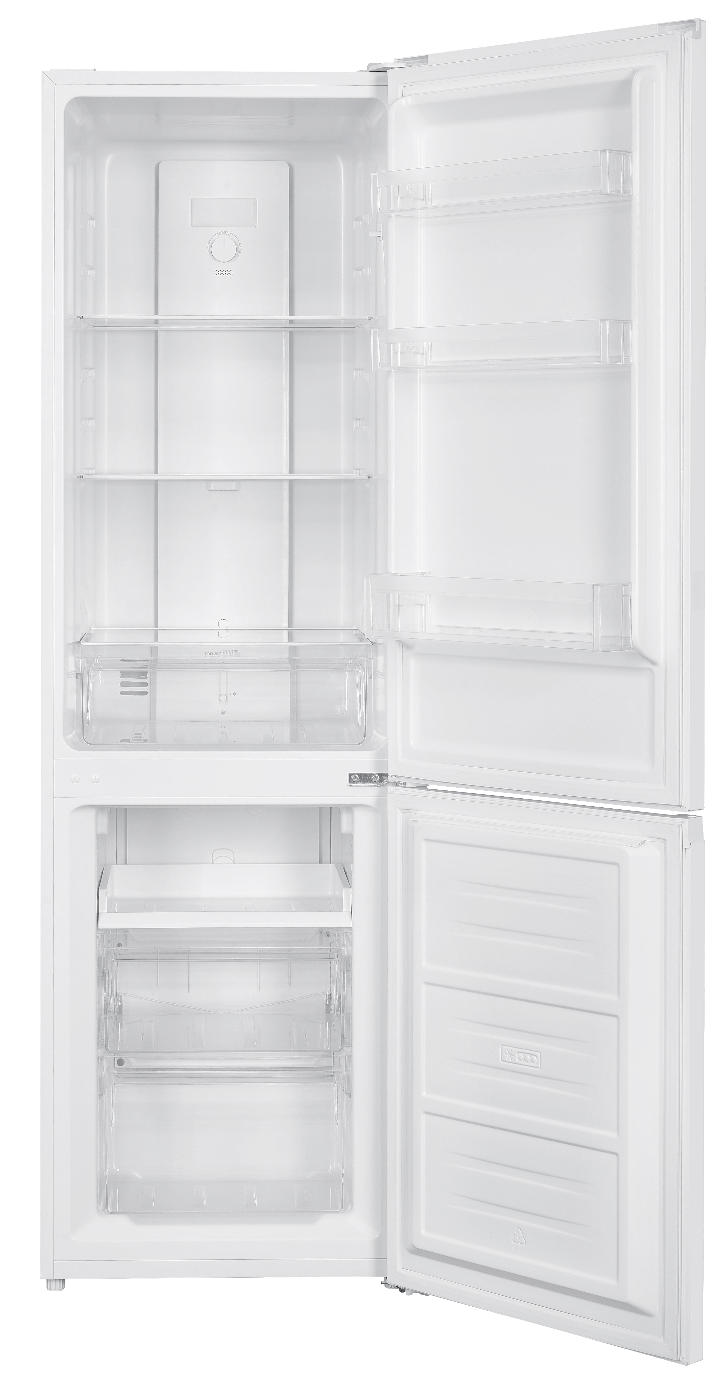 Open white refrigerator with glass shelves, drawers, and transparent containers.