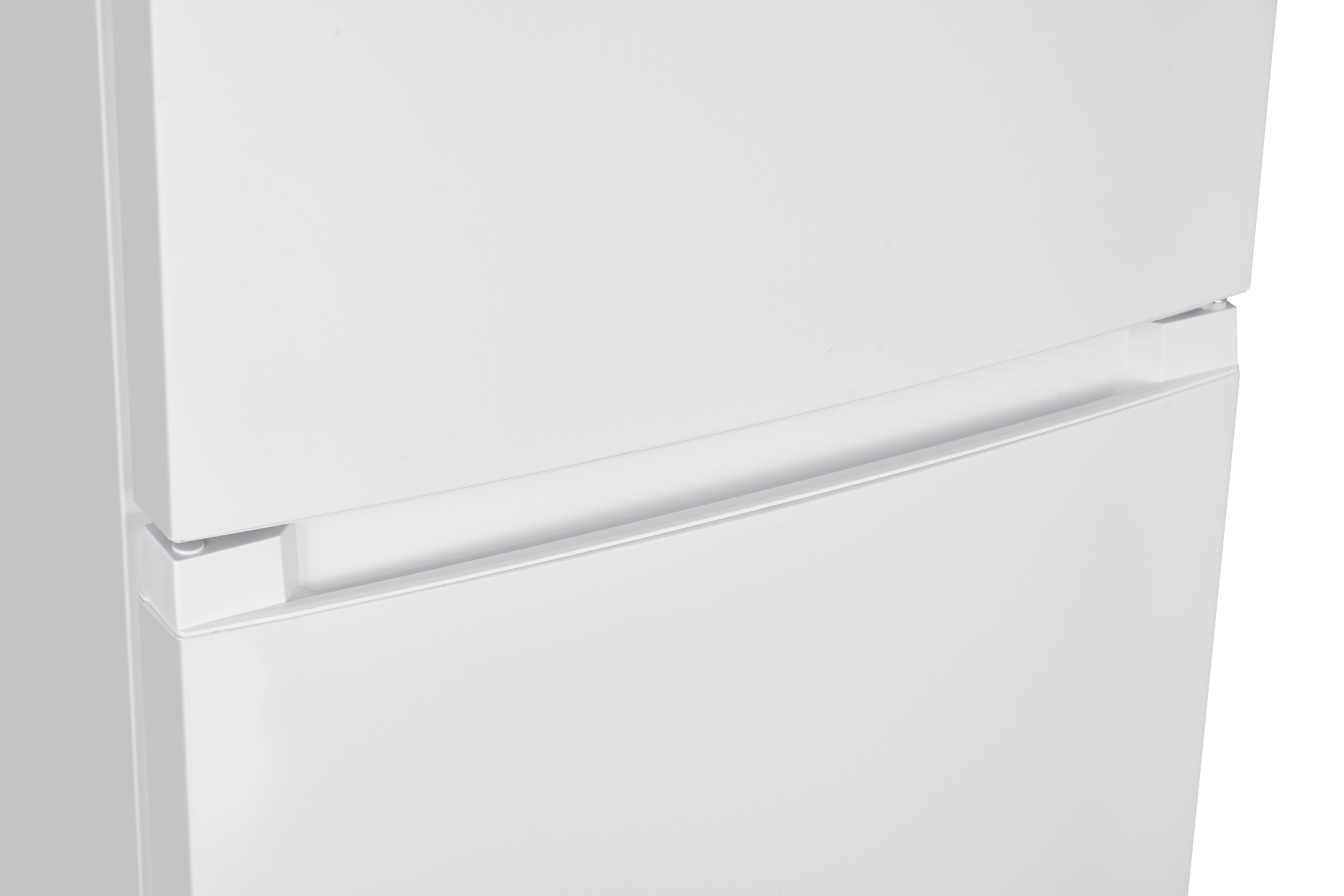 A close-up of the top of a white refrigerator. The handle is visible.