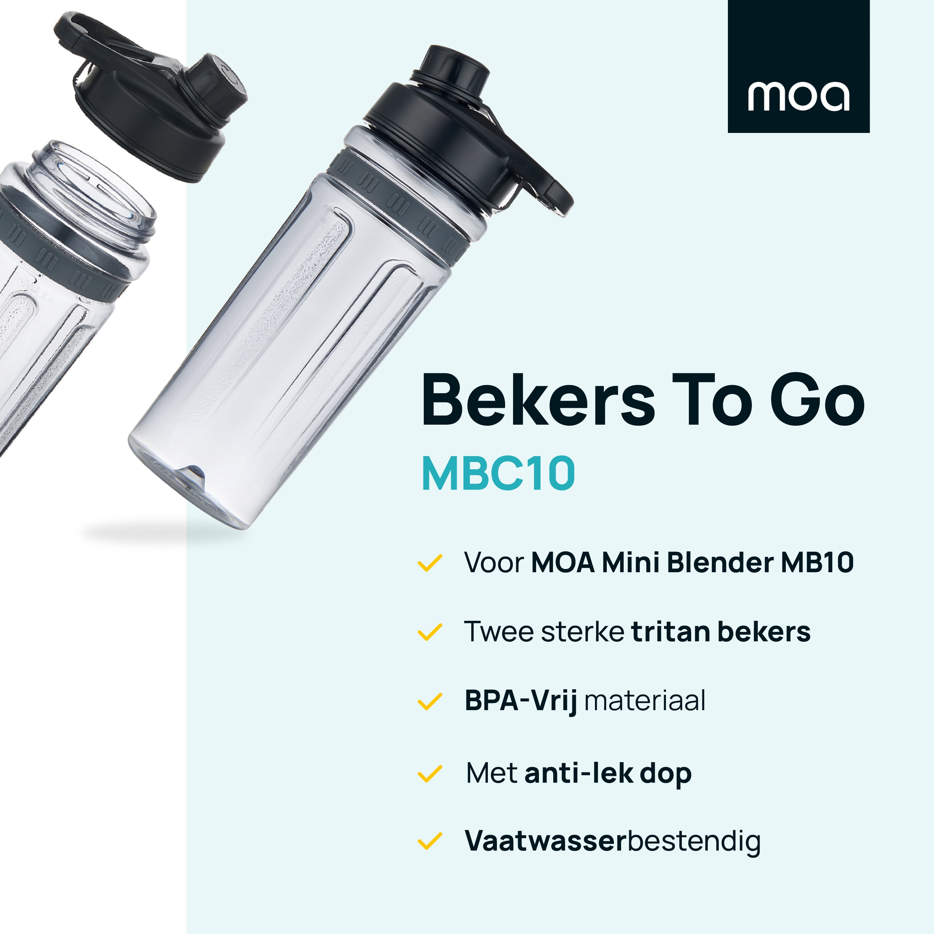 Twee doorzichtige waterflessen met zwarte doppen en een groene achtergrond met tekst.