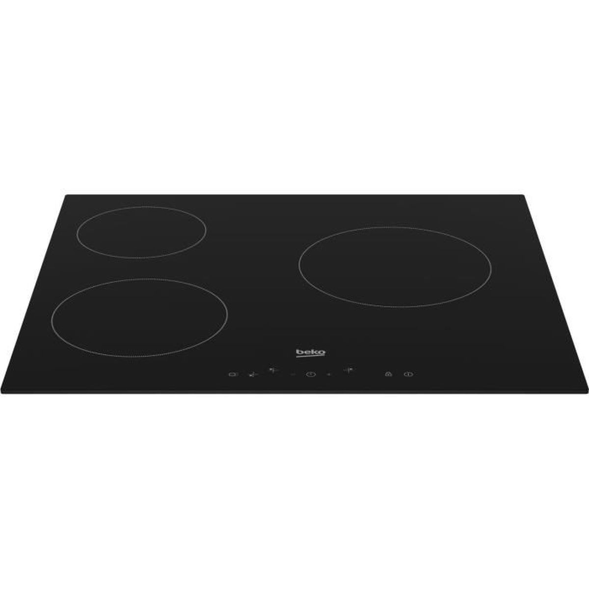 Czarna płyta indukcyjna z czterema okrągłymi strefami grzewczymi i logo Beko.