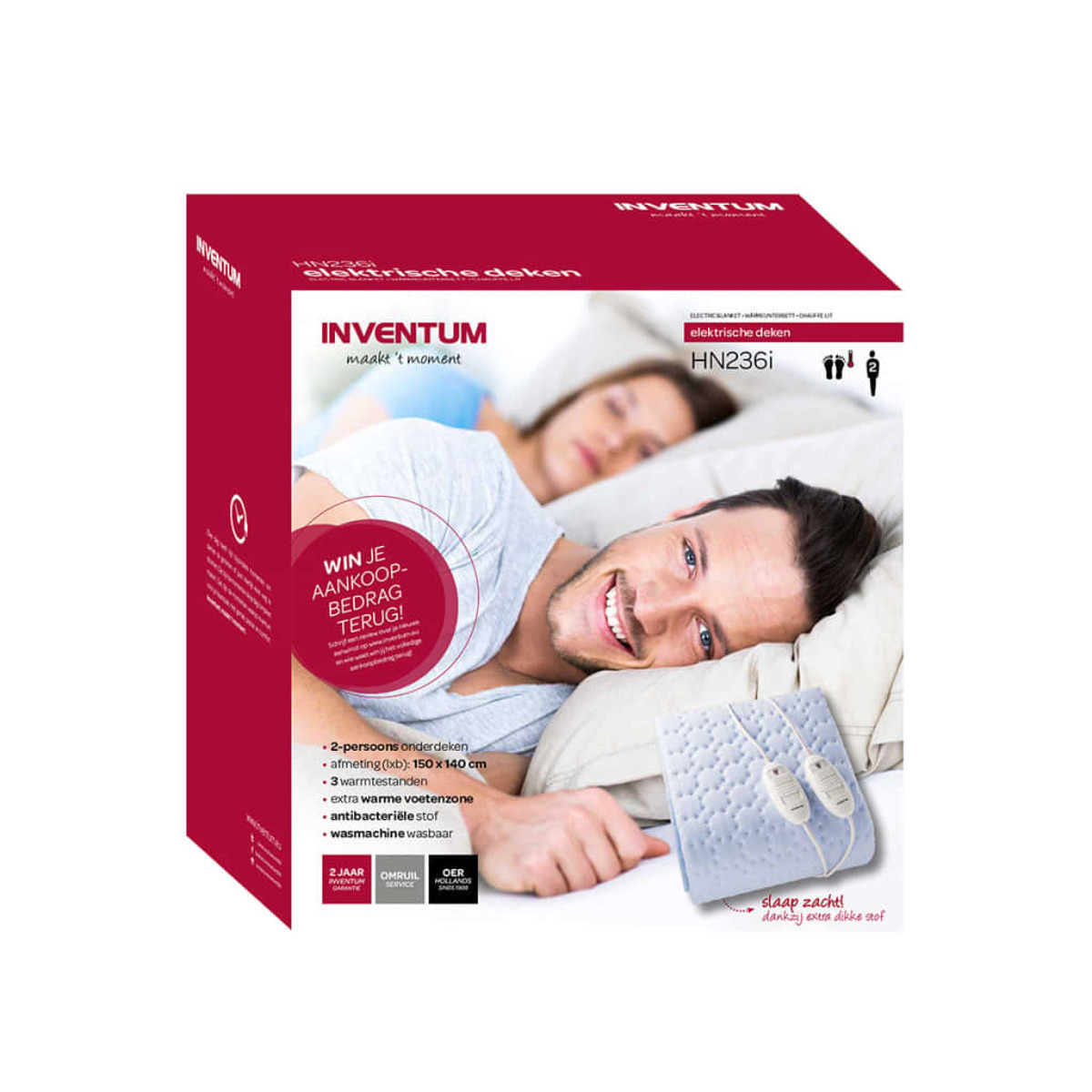 Koppel in bed met elektrische deken. Productdoos met informatie. Rood en wit kleurenschema.
