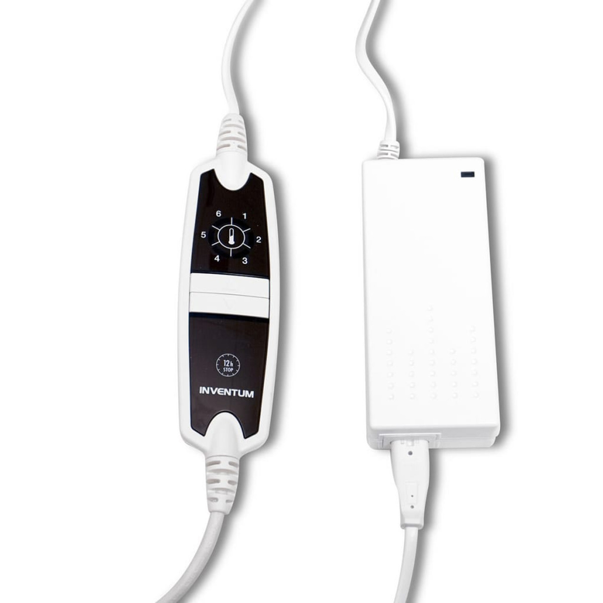 White Inventum electric blanket controller and power adapter with a plug and settings 1-6.