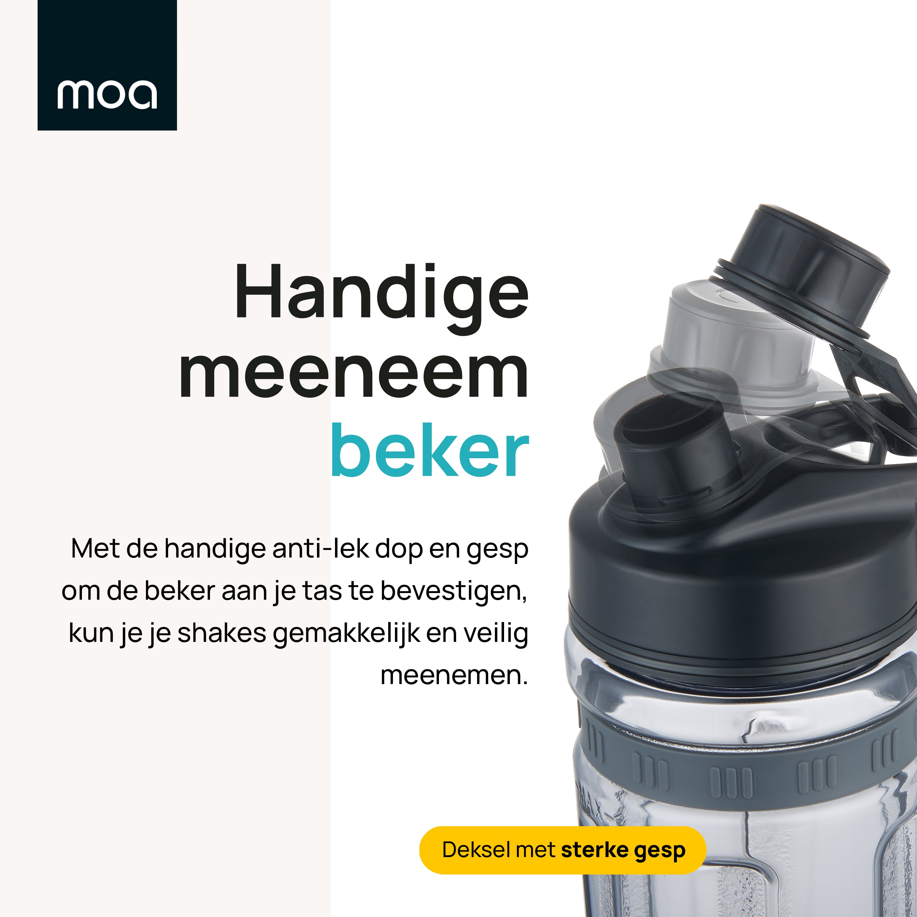 Een doorzichtige moa fles met zwarte deksel staat links. Tekst in het Nederlands. Een witte achtergrond.