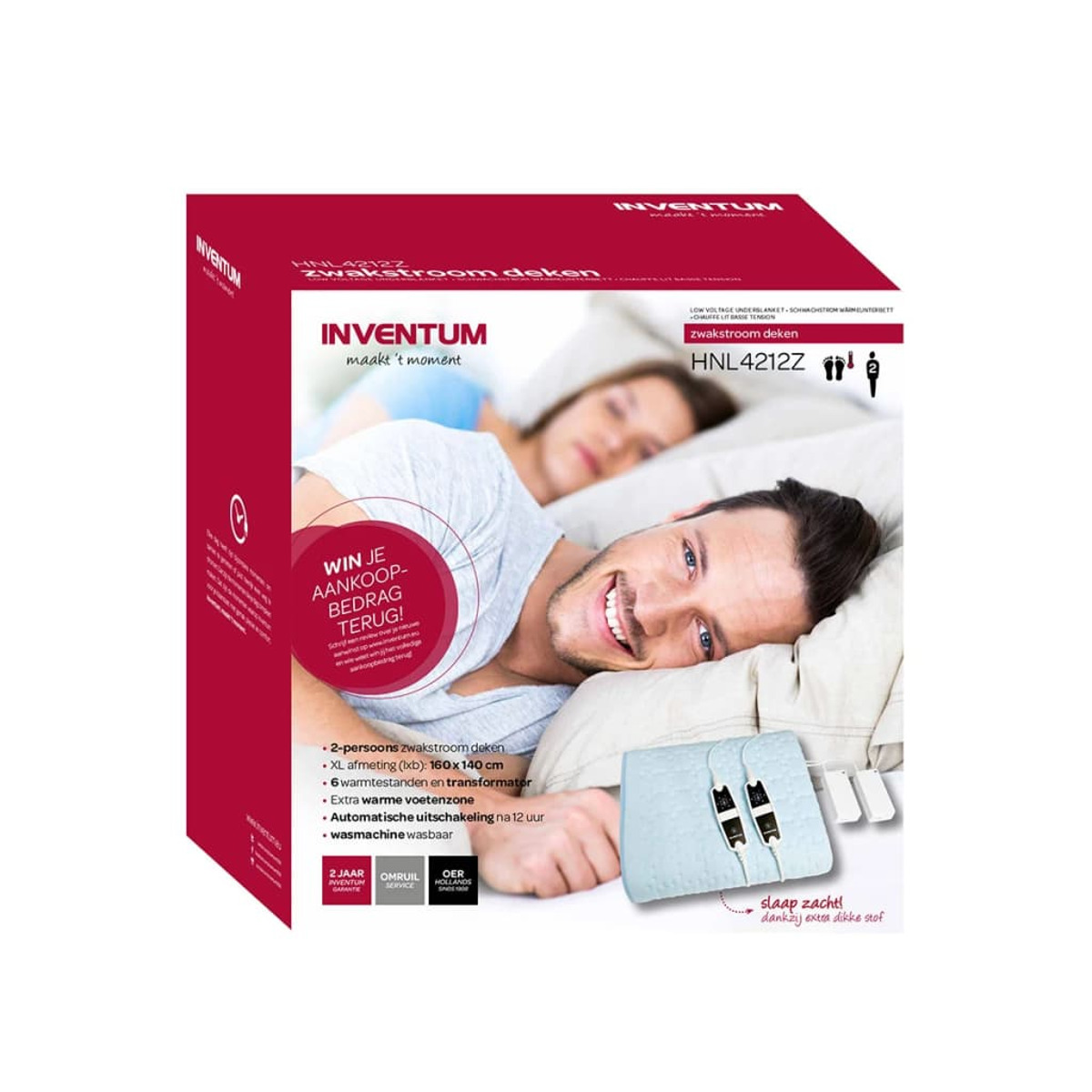 A man and woman are in bed with a heating pad on it. Text is on a box.
