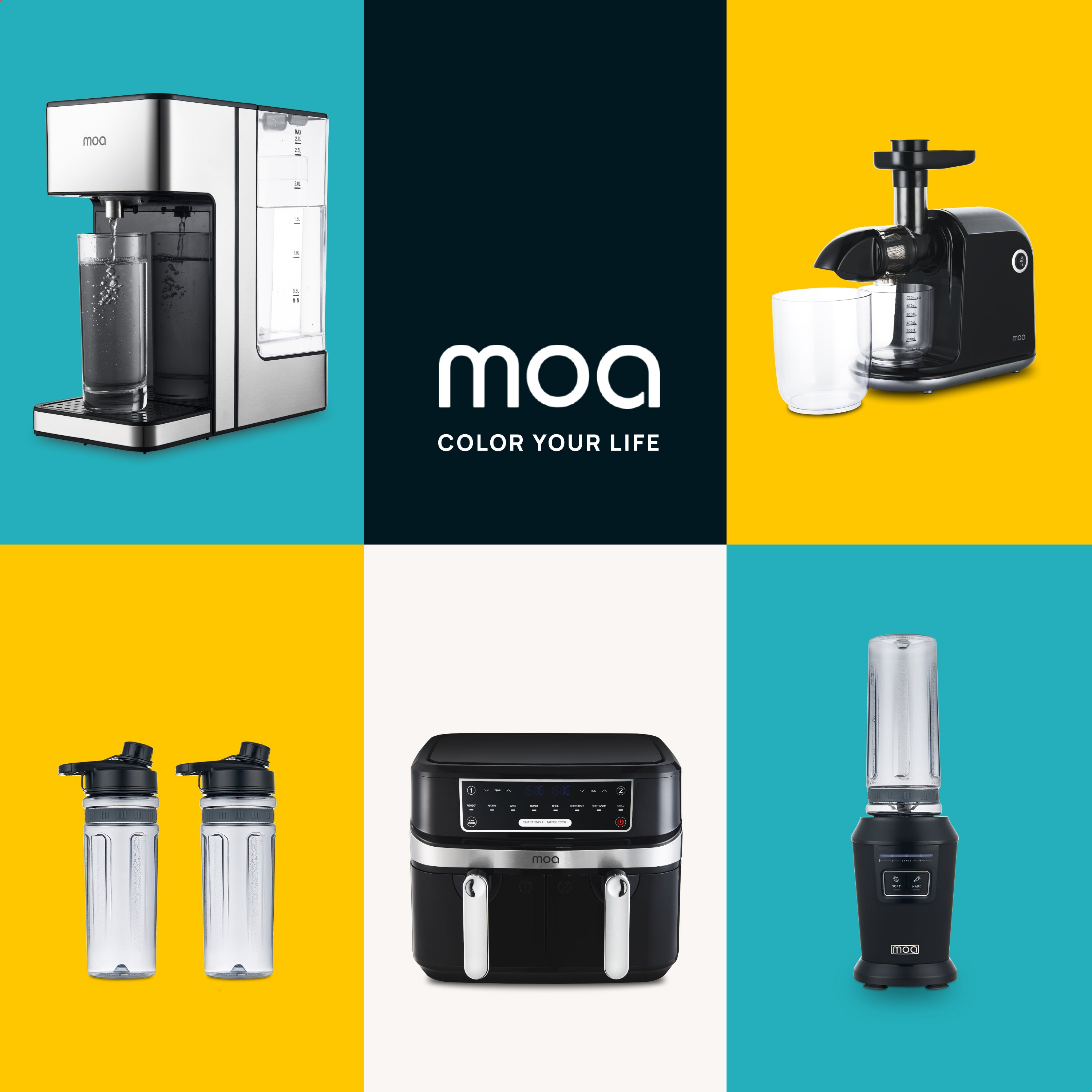 Collage van MOA-producten. Bevat een waterdispenser, een sapcentrifuge, twee waterflessen en een blender.