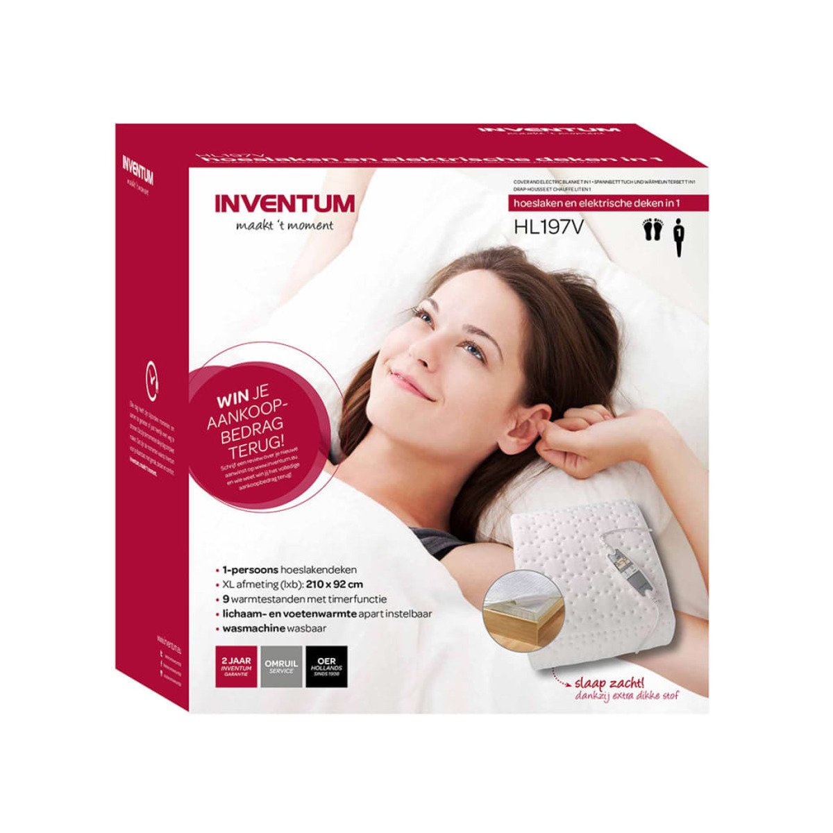 Box with a woman lying on a bed. It promotes an electric blanket product.