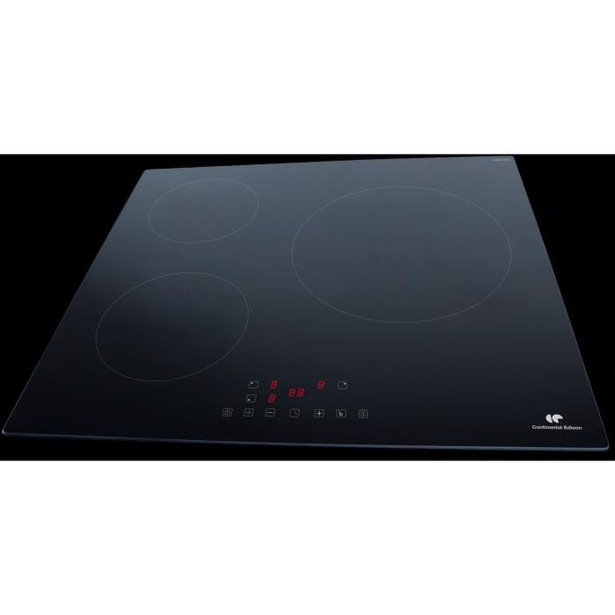 Black induction cooktop with three circular burners and red digital display.