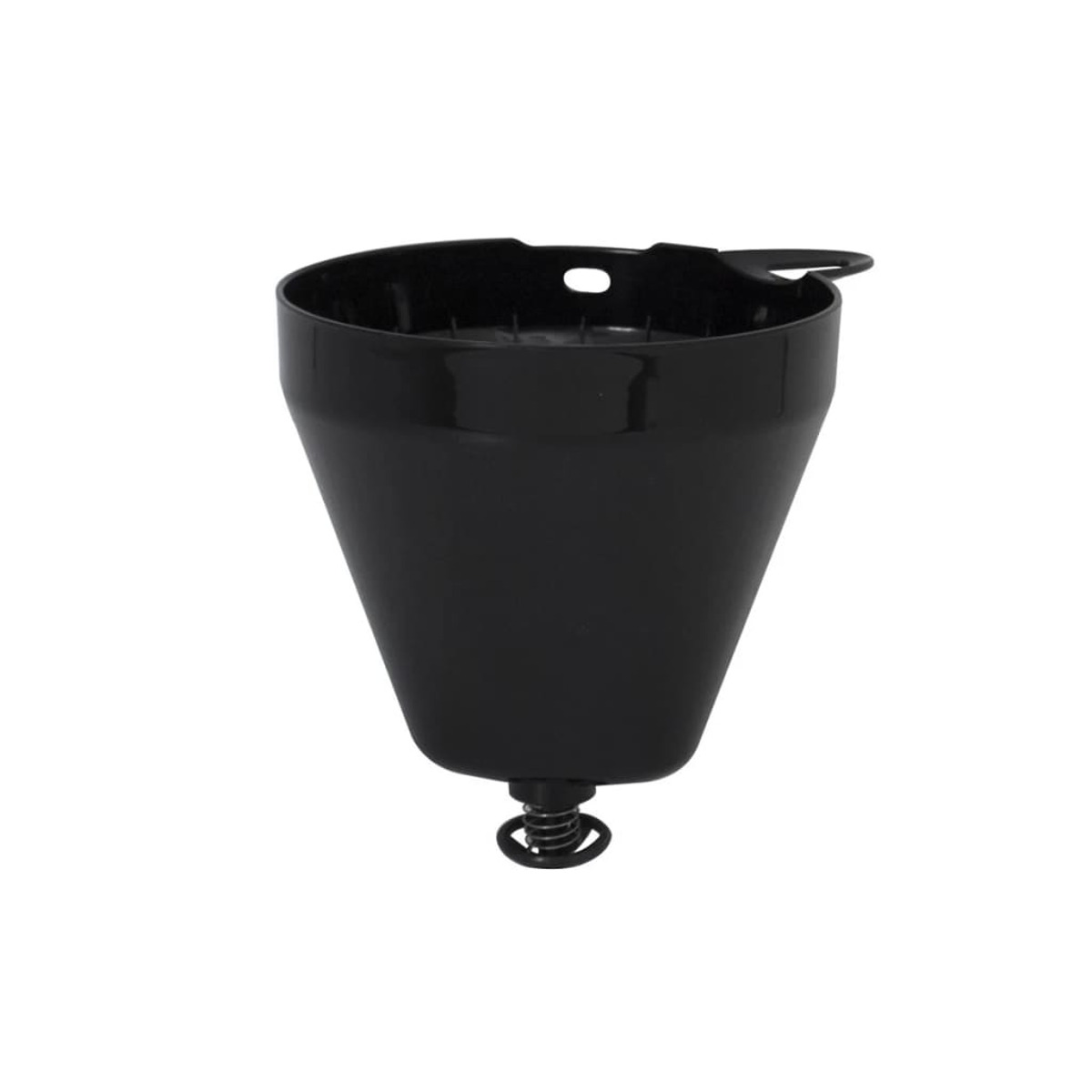 Zwart koffiefilter. Kegelvormig met handvat. Veer aan de onderkant. Witte achtergrond.