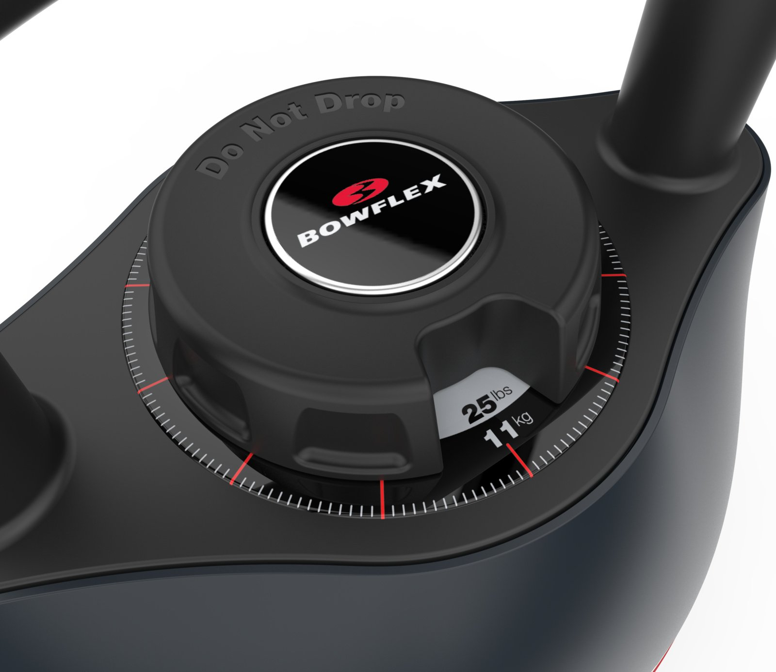 Primer plano de una perilla de ajuste de peso. Texto: No dejar caer, Bowflex, 25 lbs, 11 kg.