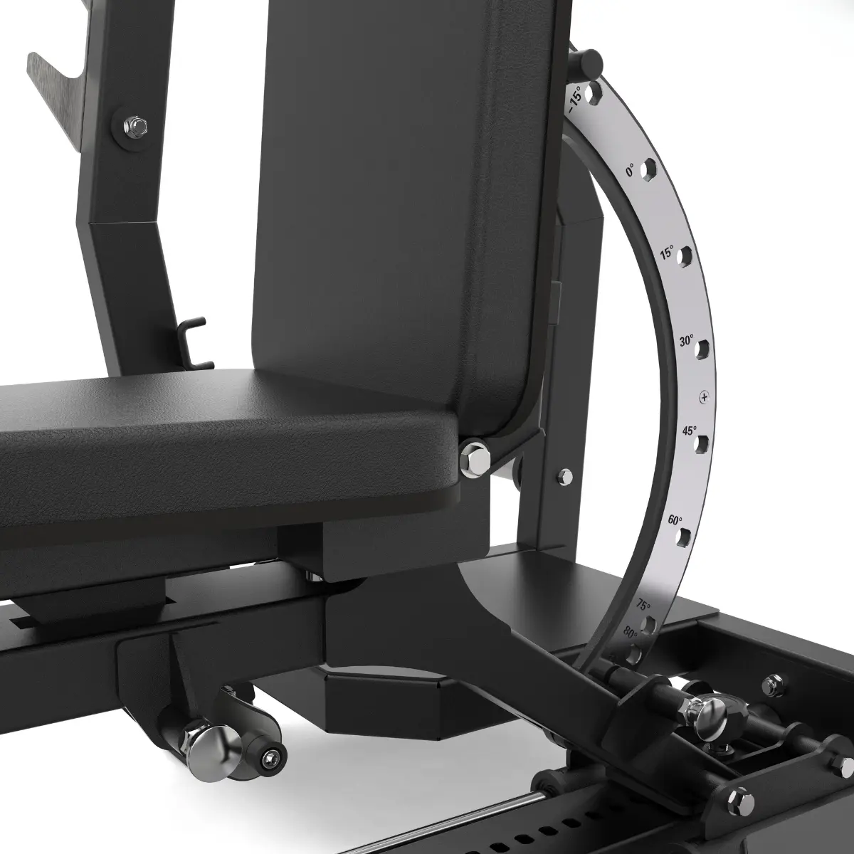 Black weight machine, metal bar and seat, with an adjustable support system.