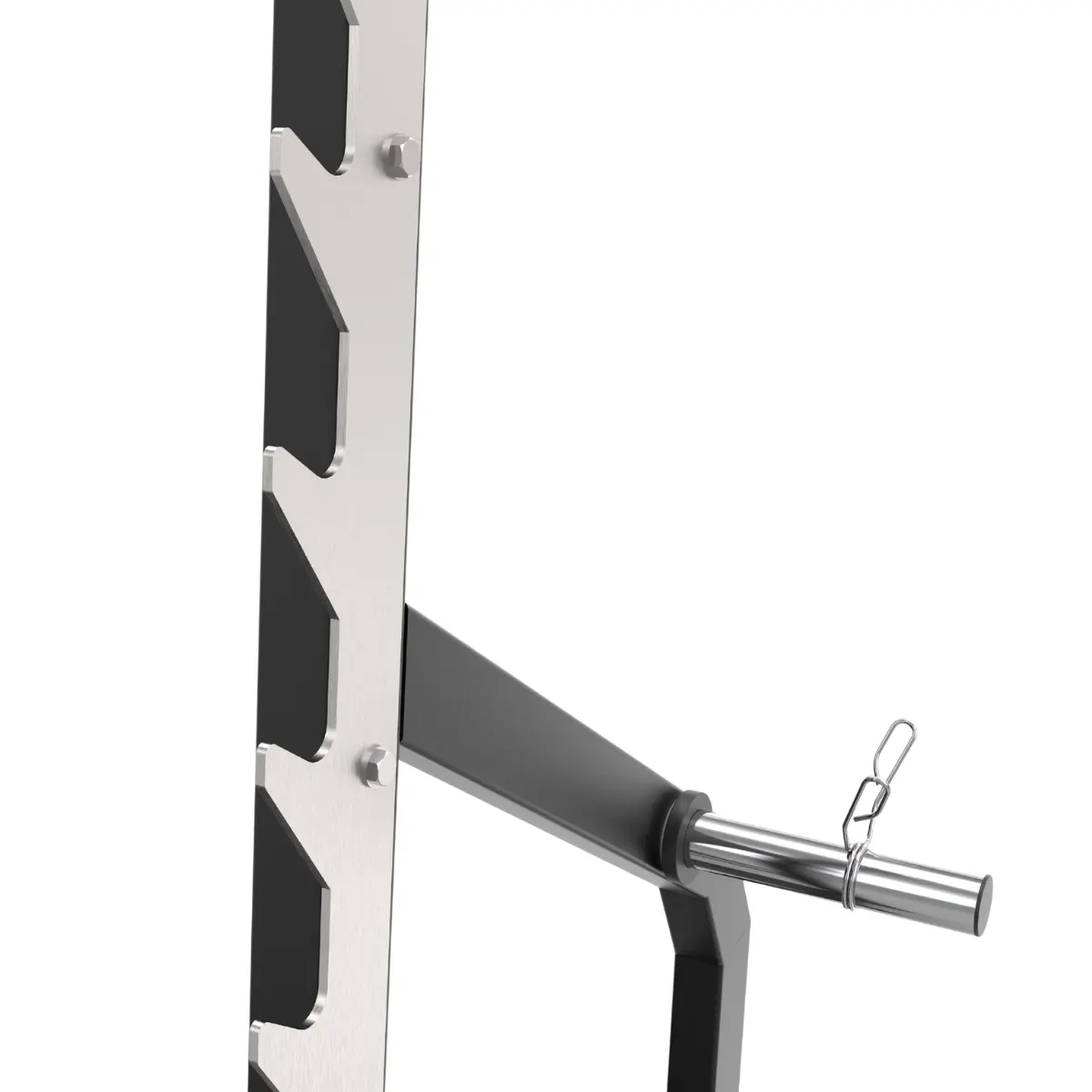 A metal weightlifting rack, showing a portion of the frame and a bar with a hook.