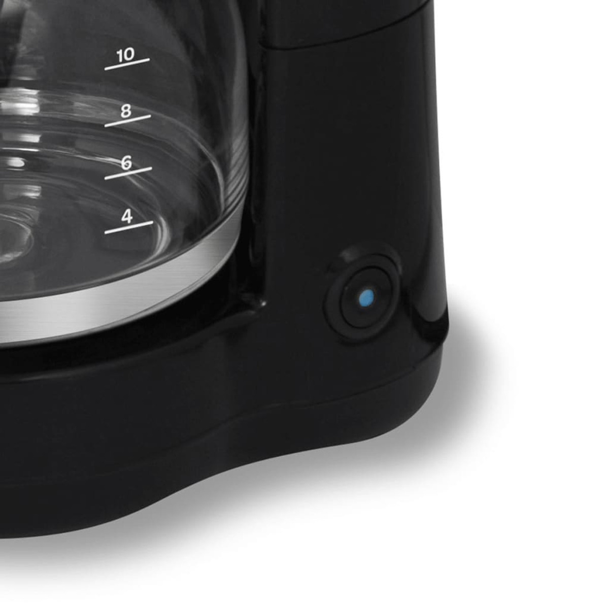 Zwart koffiezetapparaat met waterniveau-aanduidingen. Witte achtergrond.