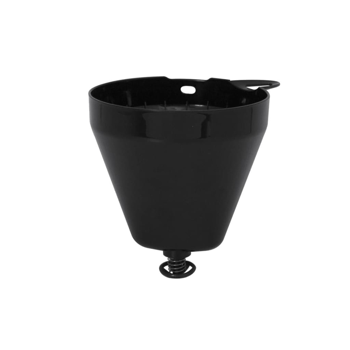 Zwart koffiezetapparaatfilter. Het heeft een kegelvorm met een veer aan de onderkant.