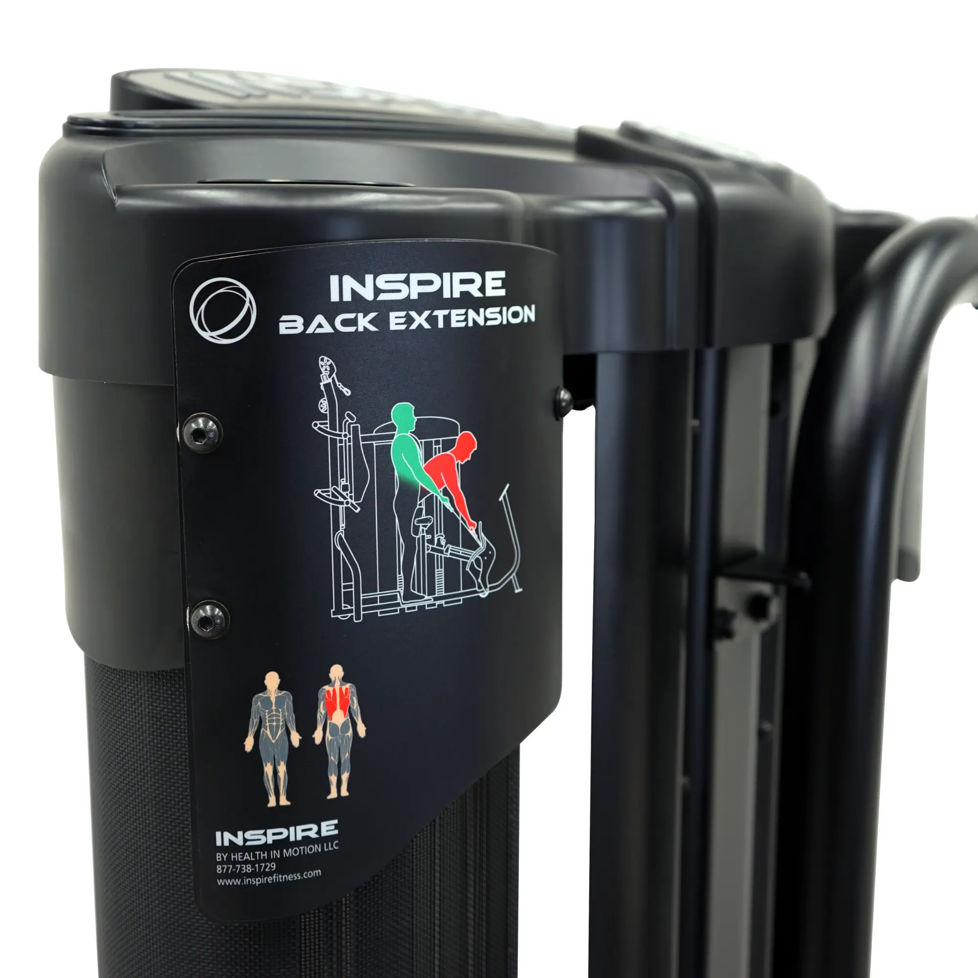 Zwarte trainingsmachine met instructies. De machine heeft een zwarte behuizing en een diagram dat de rugstrekking toont.