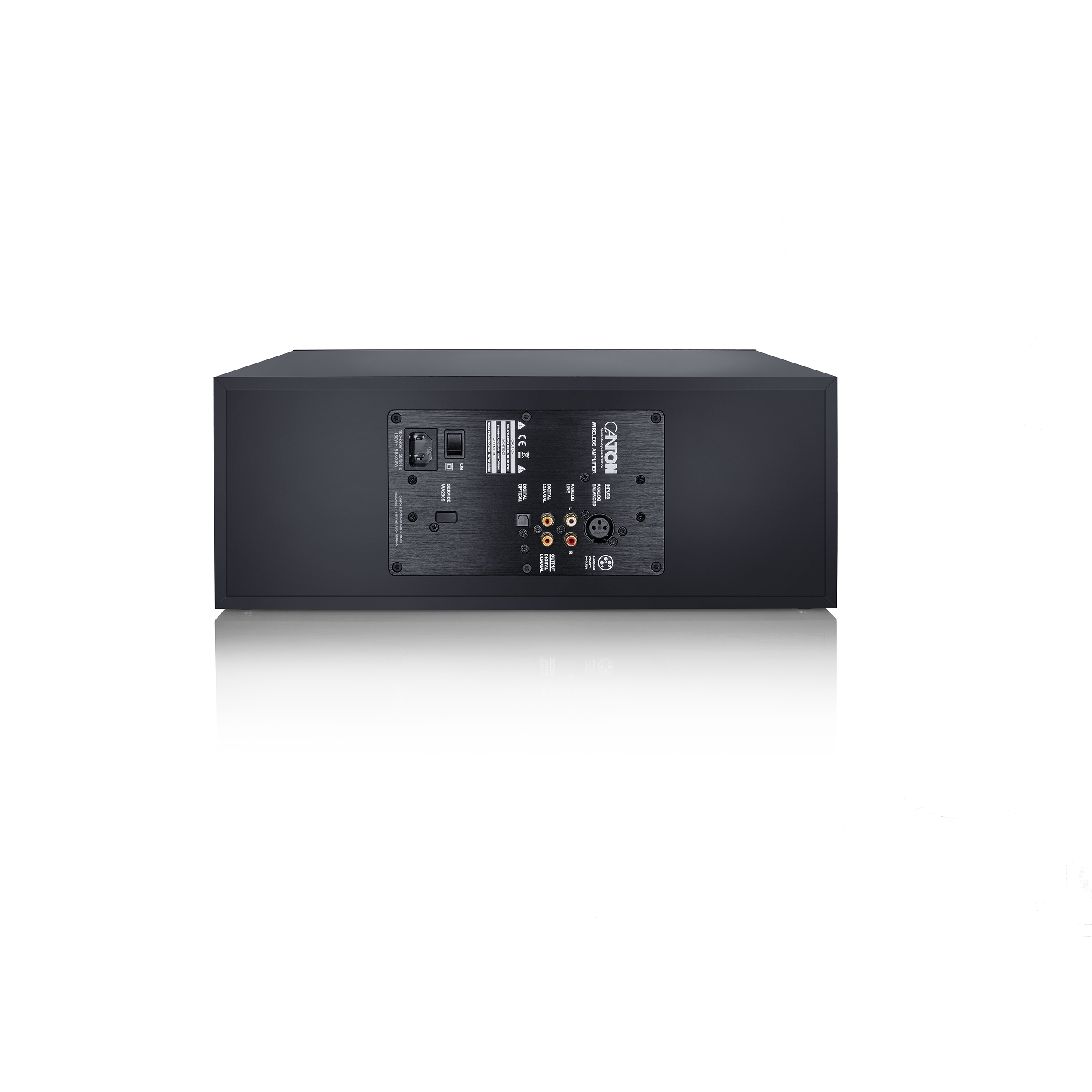 Schwarzer Subwoofer mit sichtbarer Rückseite. Es hat verschiedene Eingangsanschlüsse und der Markenname ist sichtbar.