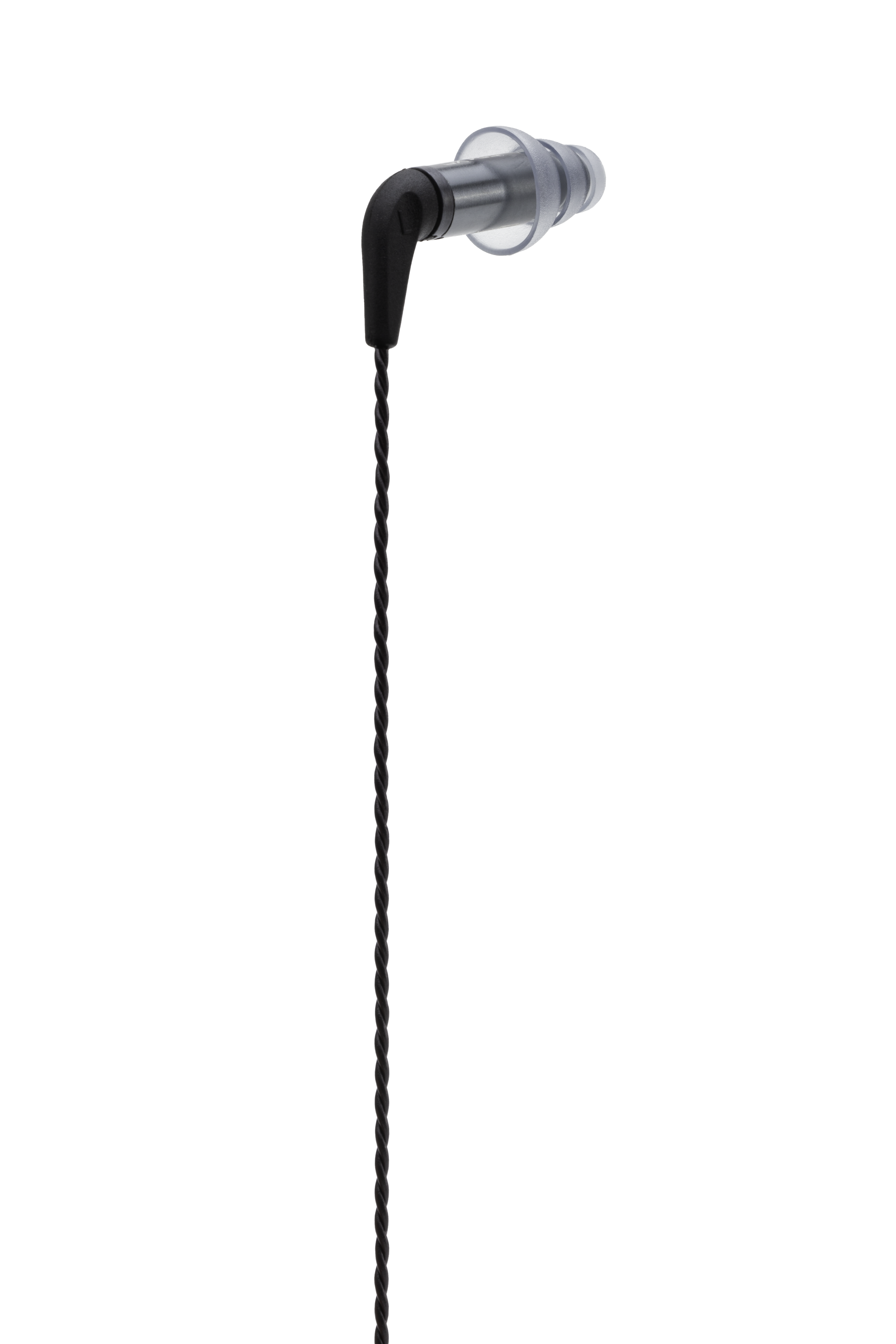 Enkele oortelefoon met zwarte kabel. Transparant plastic deel en zwarte connector.
