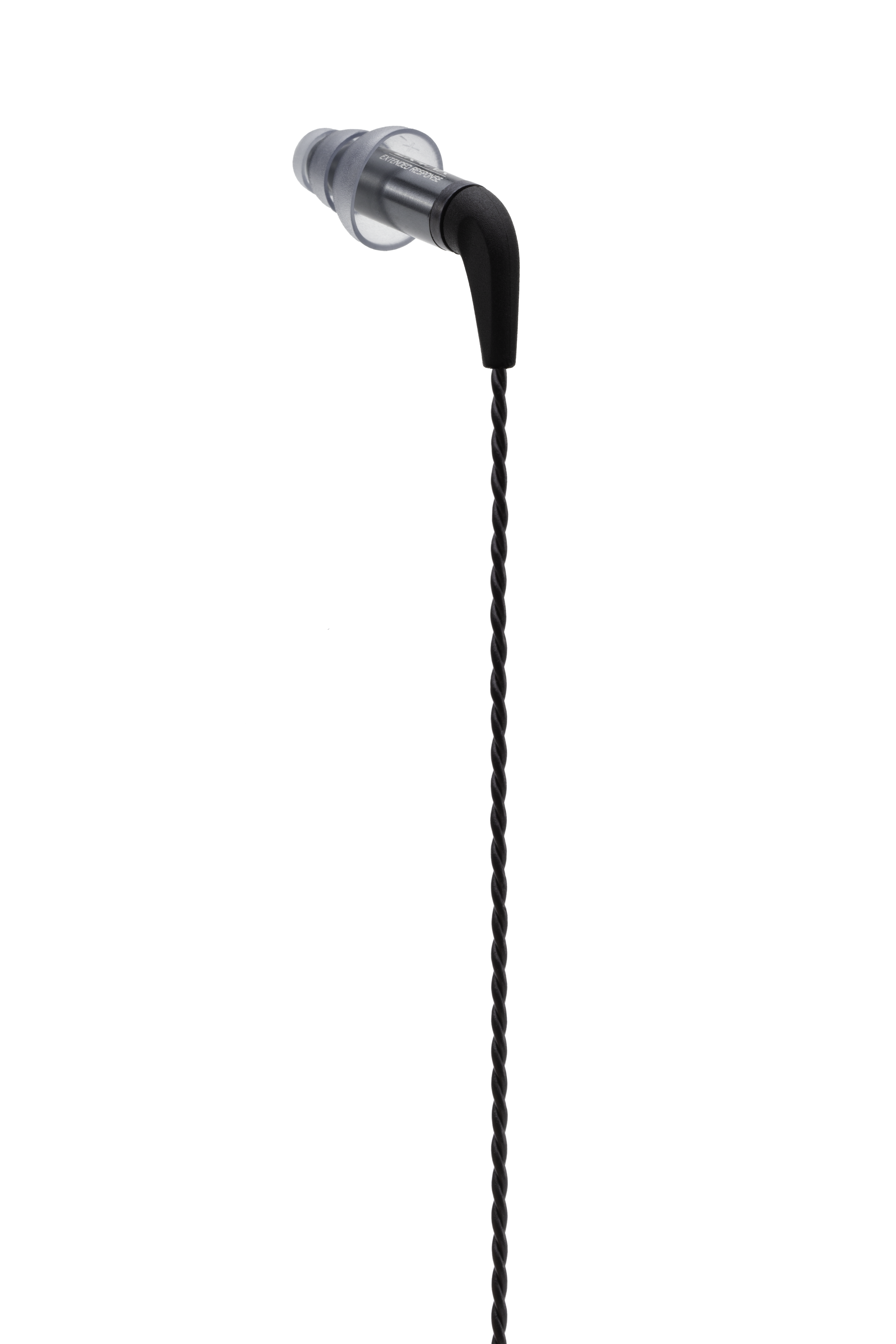 Oortelefoon met een zwarte kabel en een doorzichtige oordop.