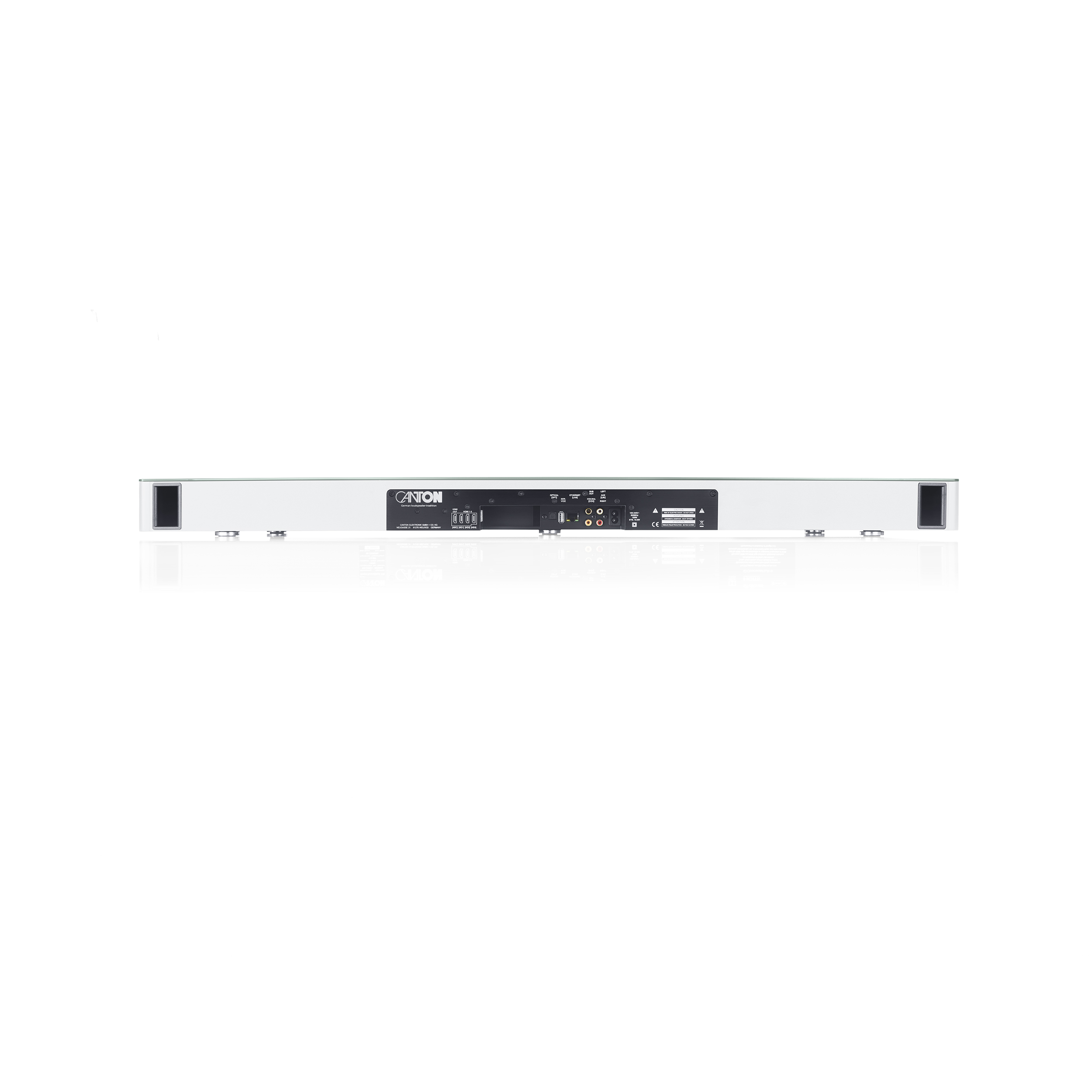 Lange silberne Soundbar mit schwarzem Mittelteil. Schwarzer Hintergrund.