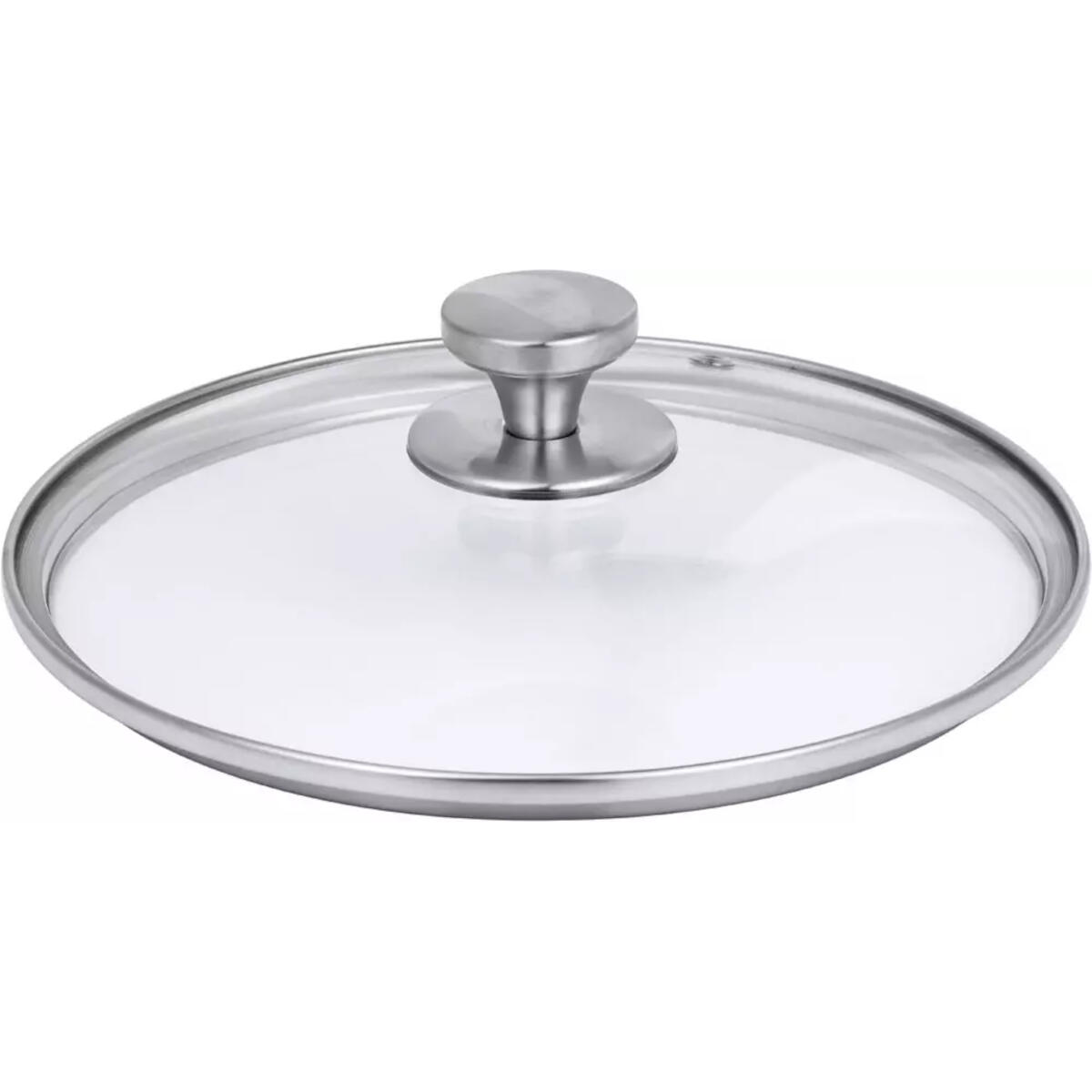 Glass lid with a silver rim and handle, on a white surface.