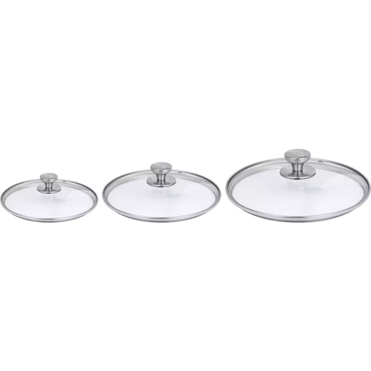 Three clear glass pot lids with steel handles, varying in size, against a white backdrop.