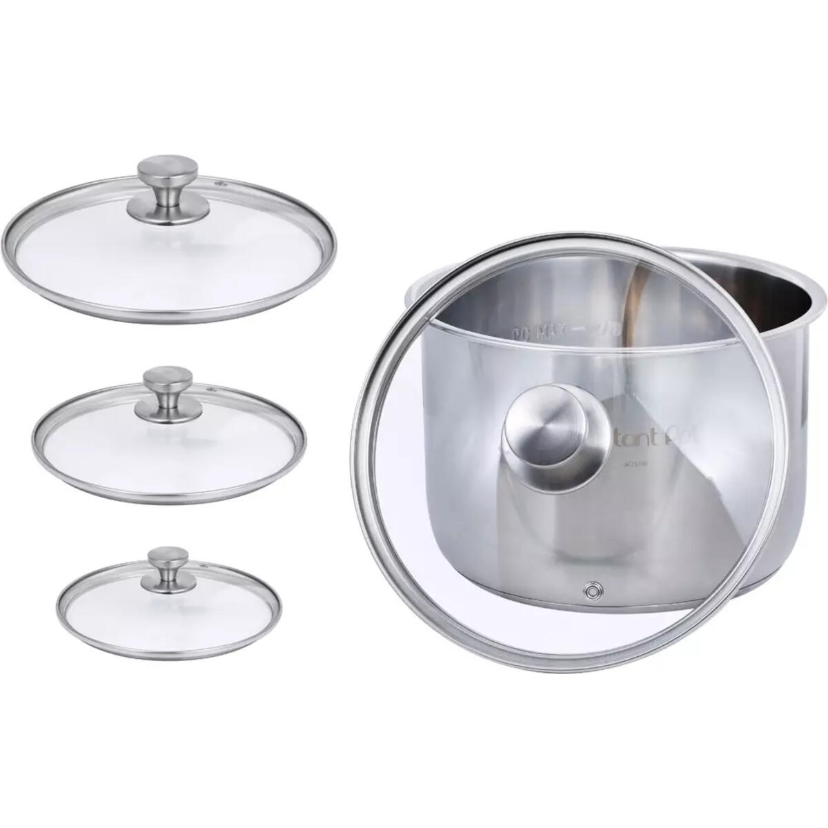 Stainless steel pot with three glass lids. One lid is on the pot.