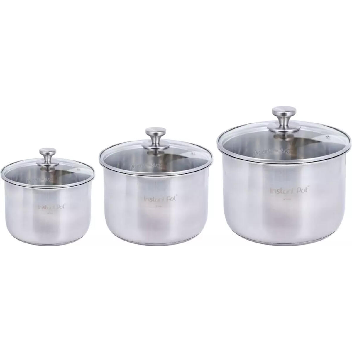Three stainless steel pots with glass lids. The pots are different sizes.