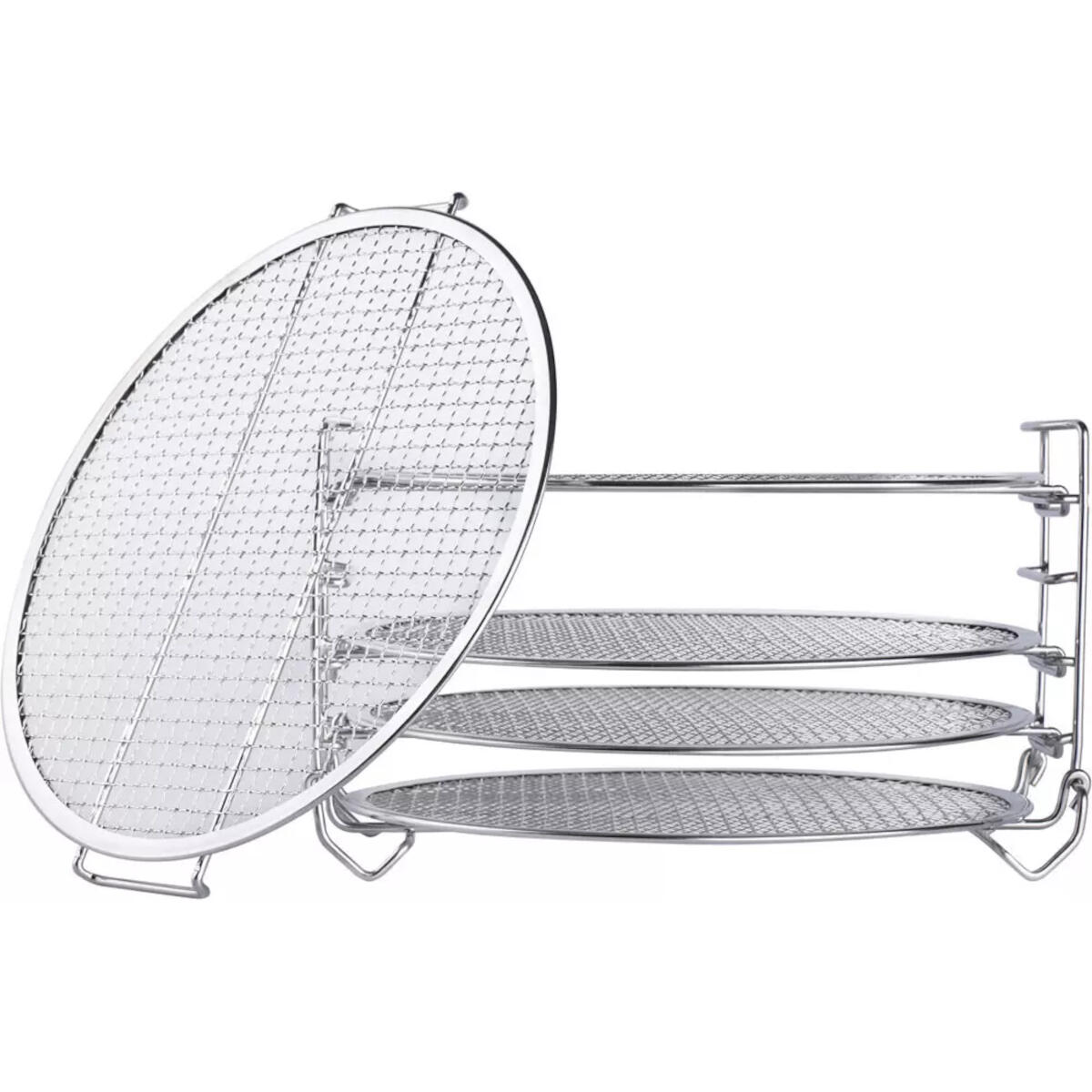 A stainless steel pizza rack with three circular shelves and a curved top piece.