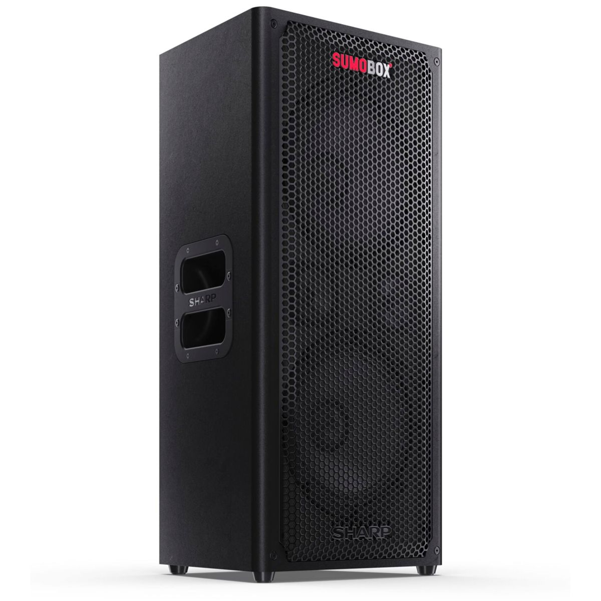 Wysoki czarny głośnik z kratką o strukturze plastra miodu i czerwonym logo.