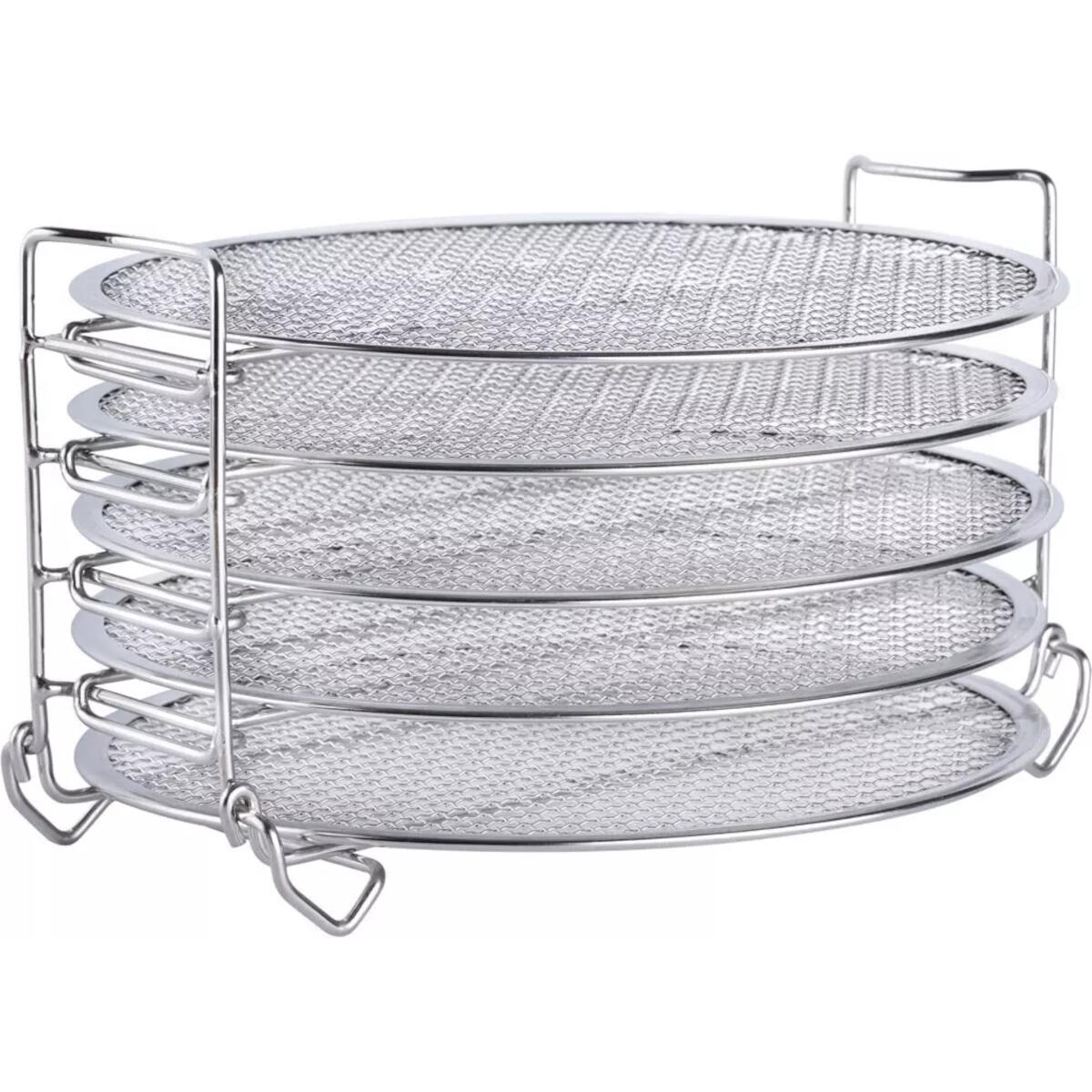 Silver multi-level cooling rack. Metal mesh design. Stacked with handles.