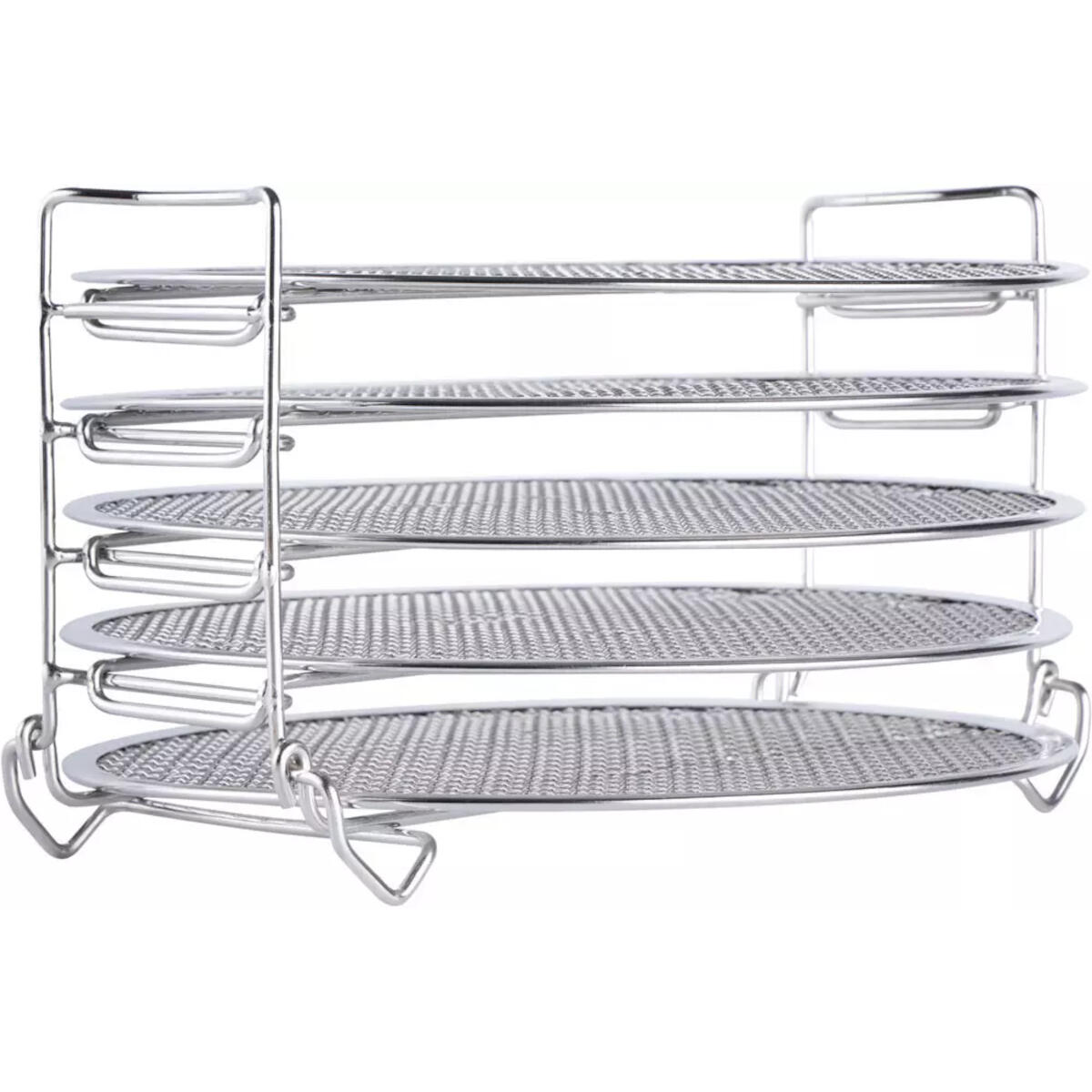 A metal rack with multiple circular trays for cooking or cooling food.