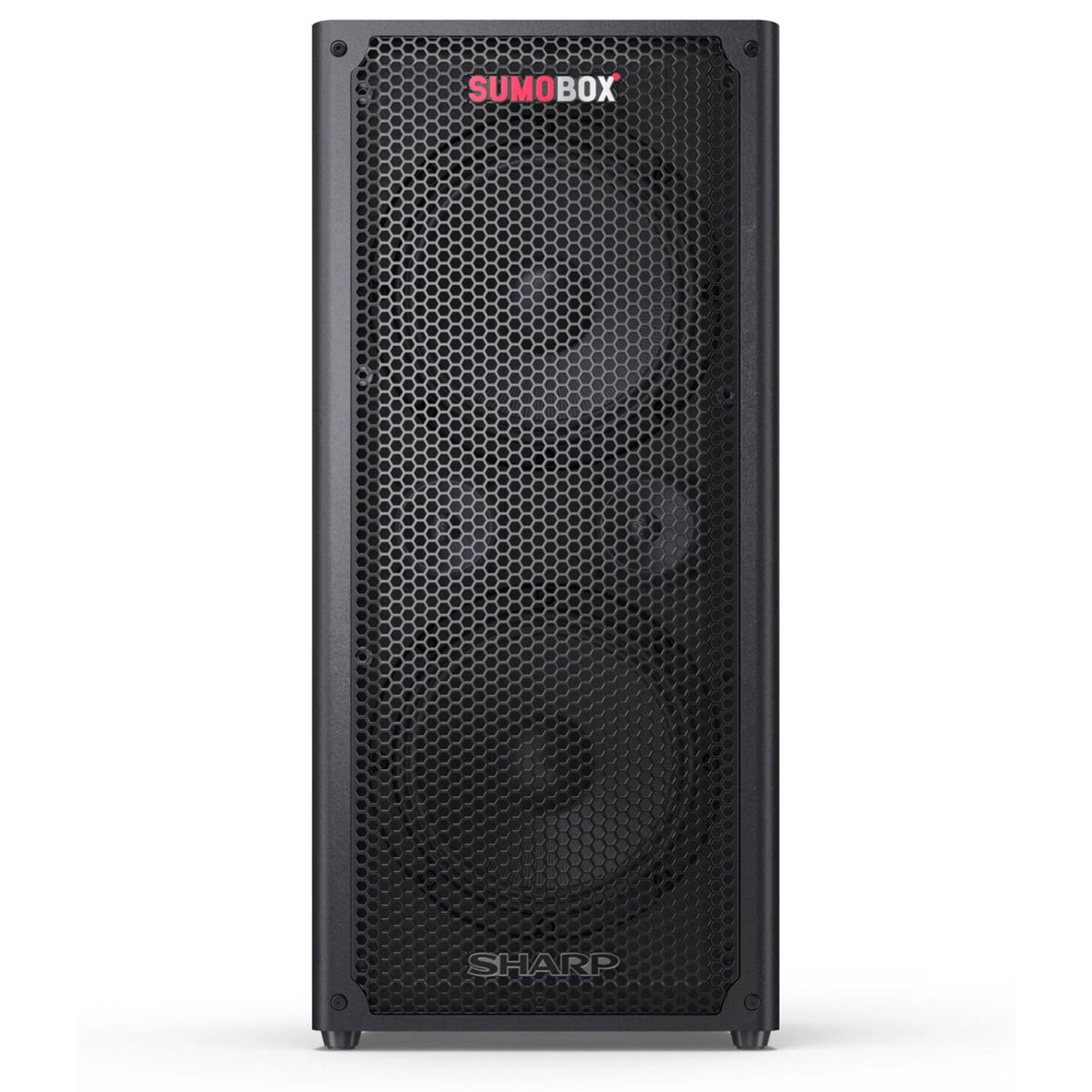 Czarny głośnik z kratką o strukturze plastra miodu oraz logo 'SUMOBOX' i 'SHARP'.
