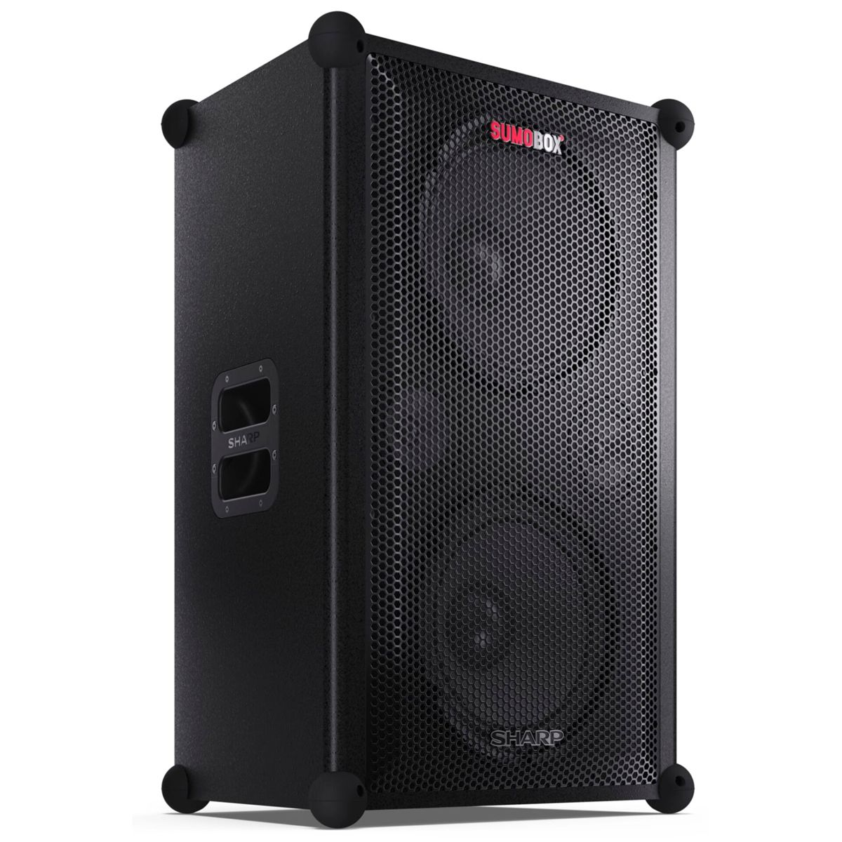 Altoparlante Sharp Sumobox nero. Frontale in mesh nero, testo Sumobox rosso. Protezioni angolari arrotondate.