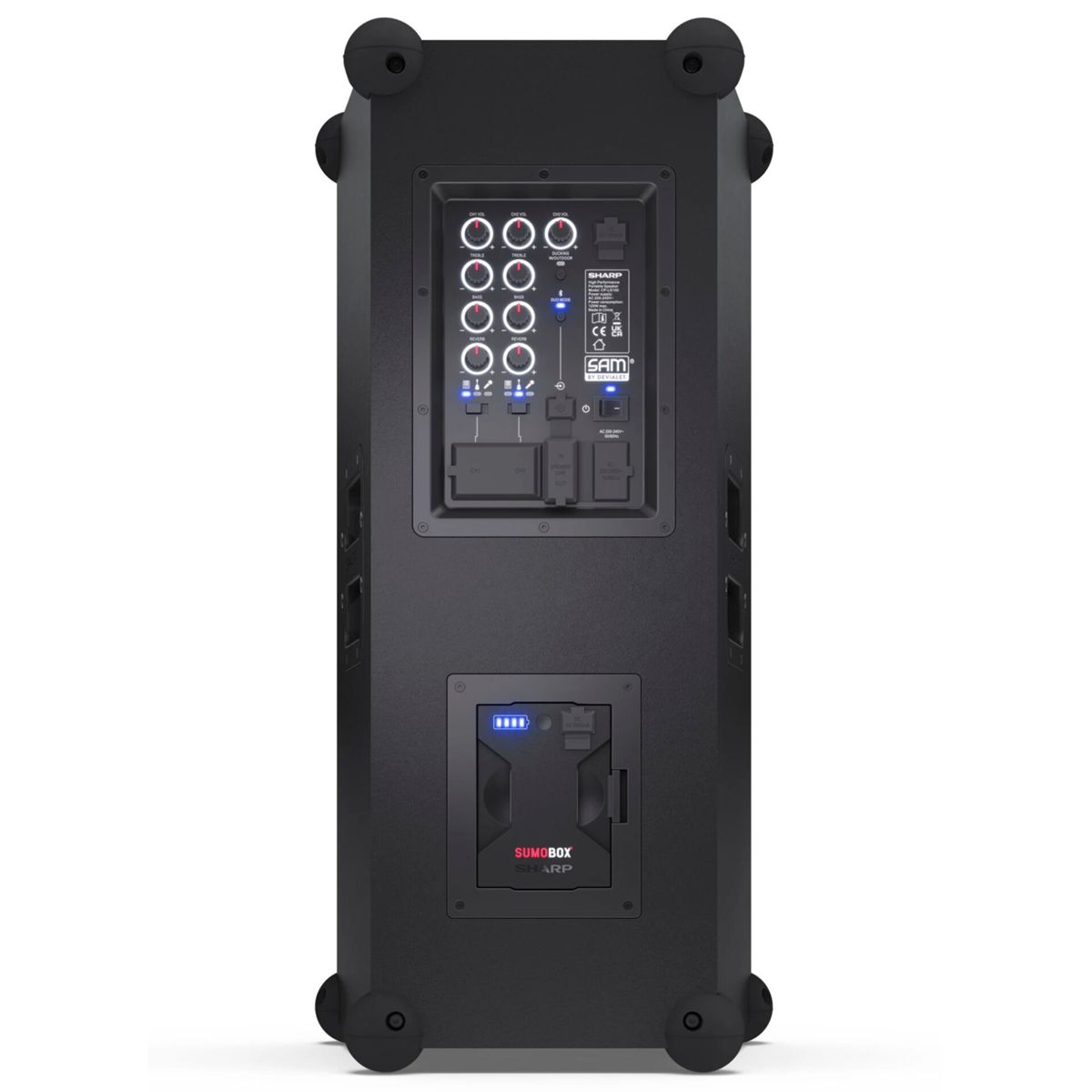 Czarny głośnik, tył, z portami i przyciskami. Logo marki na dole.