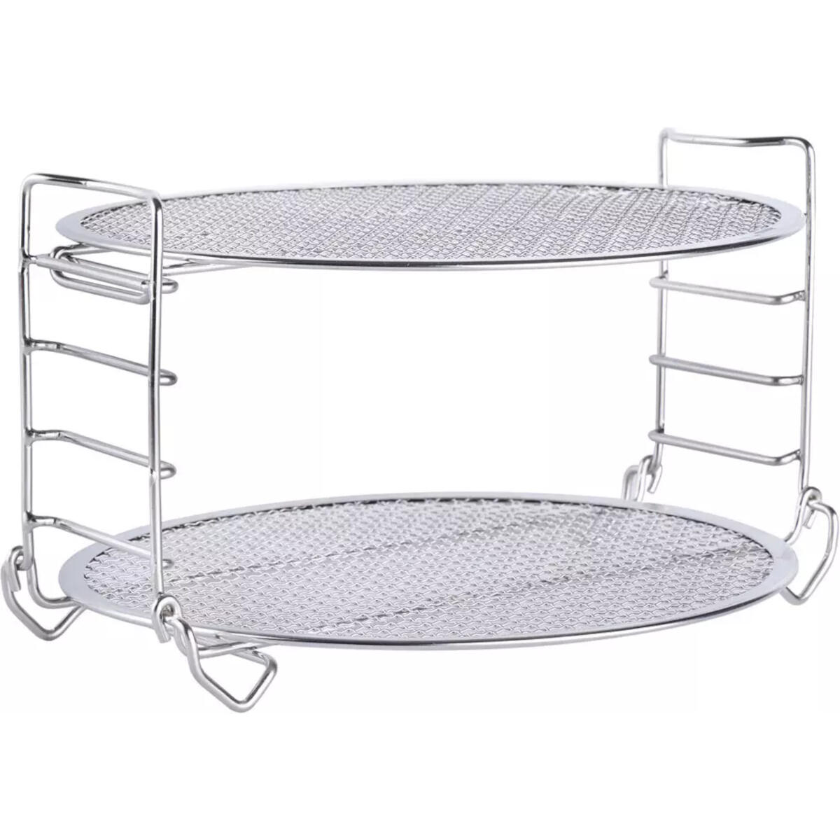 Silver two-tiered metal rack with mesh surfaces for cooking or cooling purposes.