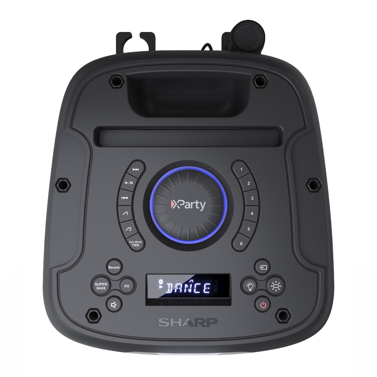 Czarny głośnik imprezowy z panelem sterowania i wyświetlaczem. Napis na wyświetlaczu: DANCE.